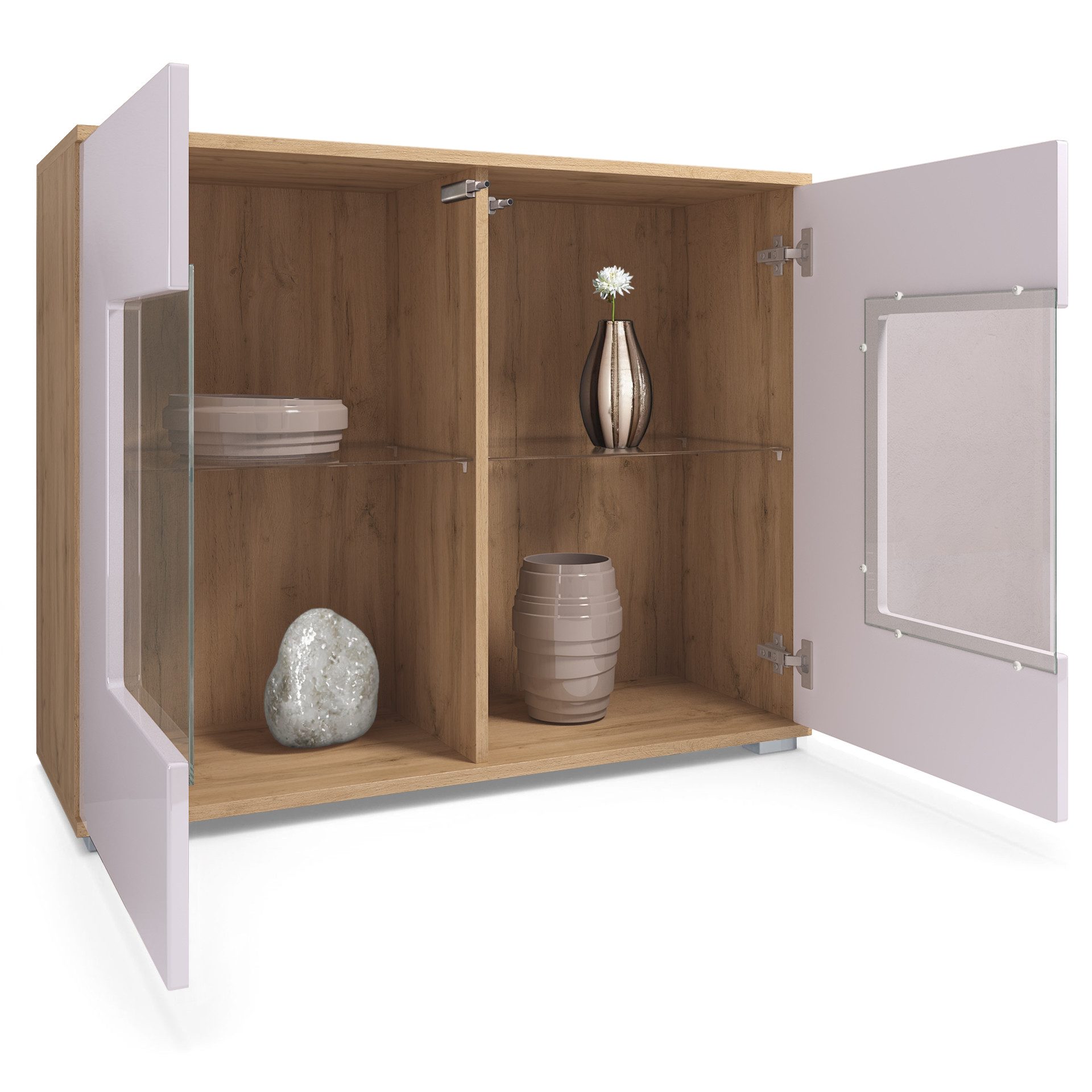 Vladon Kommode Grömitz V3 (Moderner Küchenschrank, mit 2 großen Glastüren), Eiche Evoke / Creme Hochglanz (92,5 x 0.0 x 35)