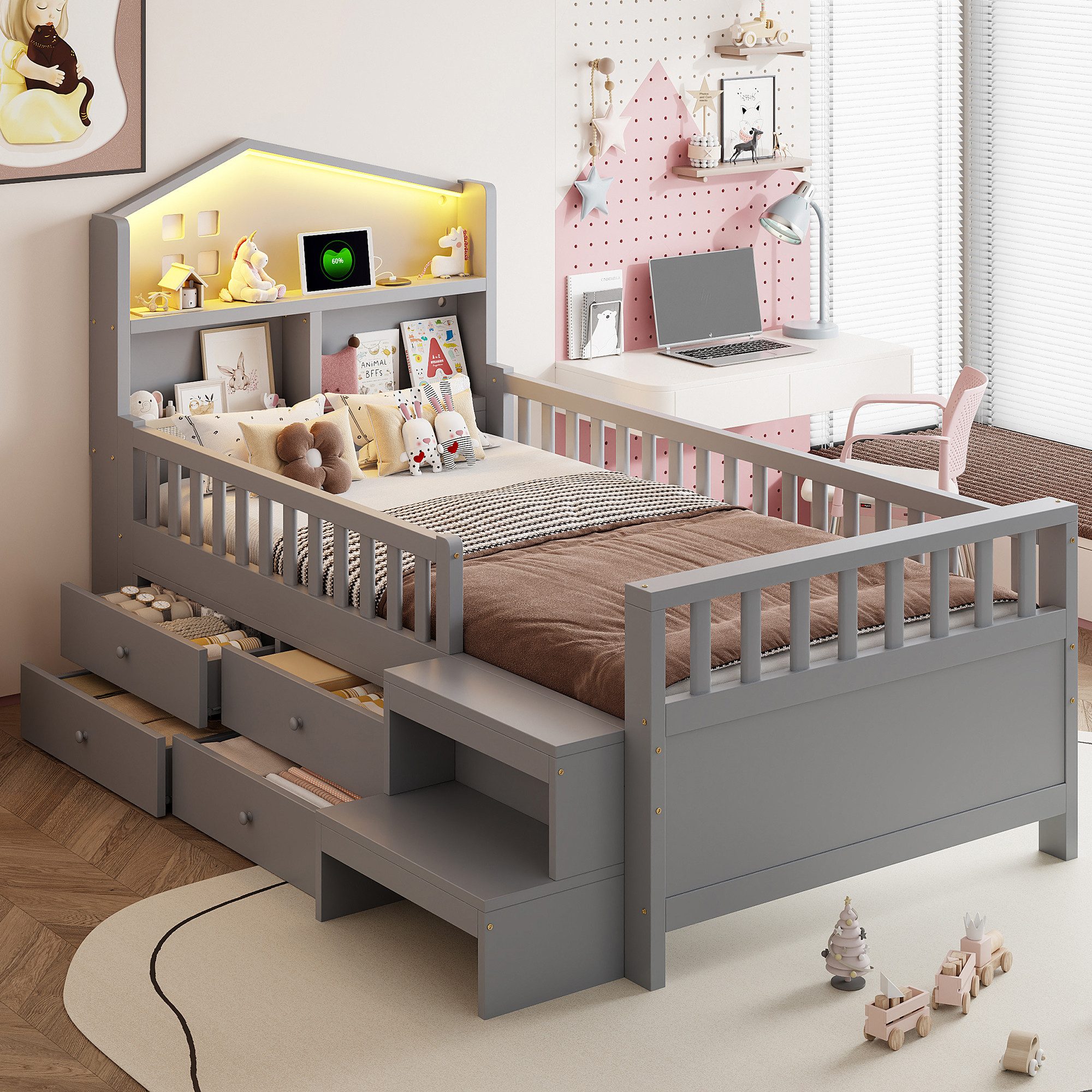 Flieks Kinderbett, Halbhochbett Hausbett 90x200cm mit Schubladen, LED und U günstig online kaufen