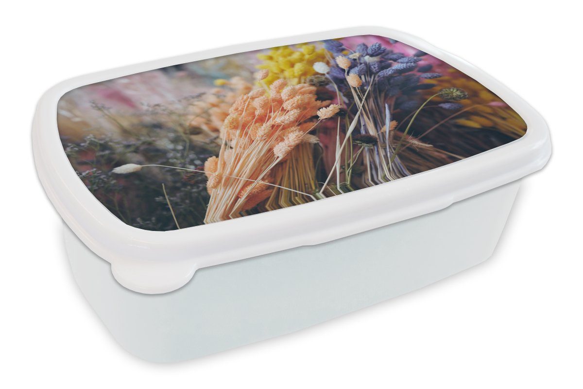 MuchoWow Lunchbox Getrocknete Blumen - Farben - Stilleben, Kunststoff, (2-tlg), Brotbox für Kinder und Erwachsene, Brotdose, für Jungs und Mädchen weiß