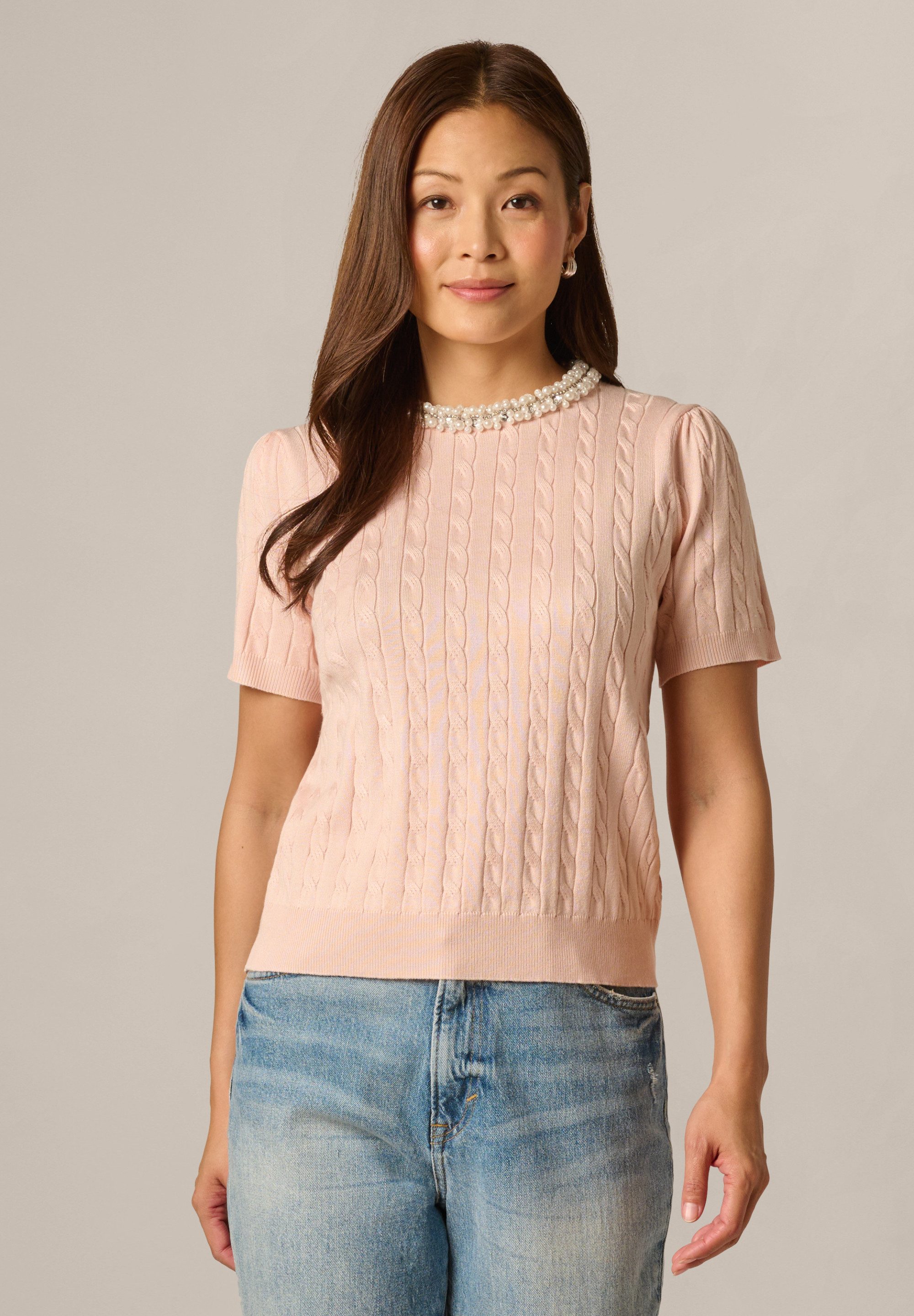 Adrianna Papell Rundhalspullover Embellished Neck Pullover Lässiges, mit Strickdetails verziertes Oberteil