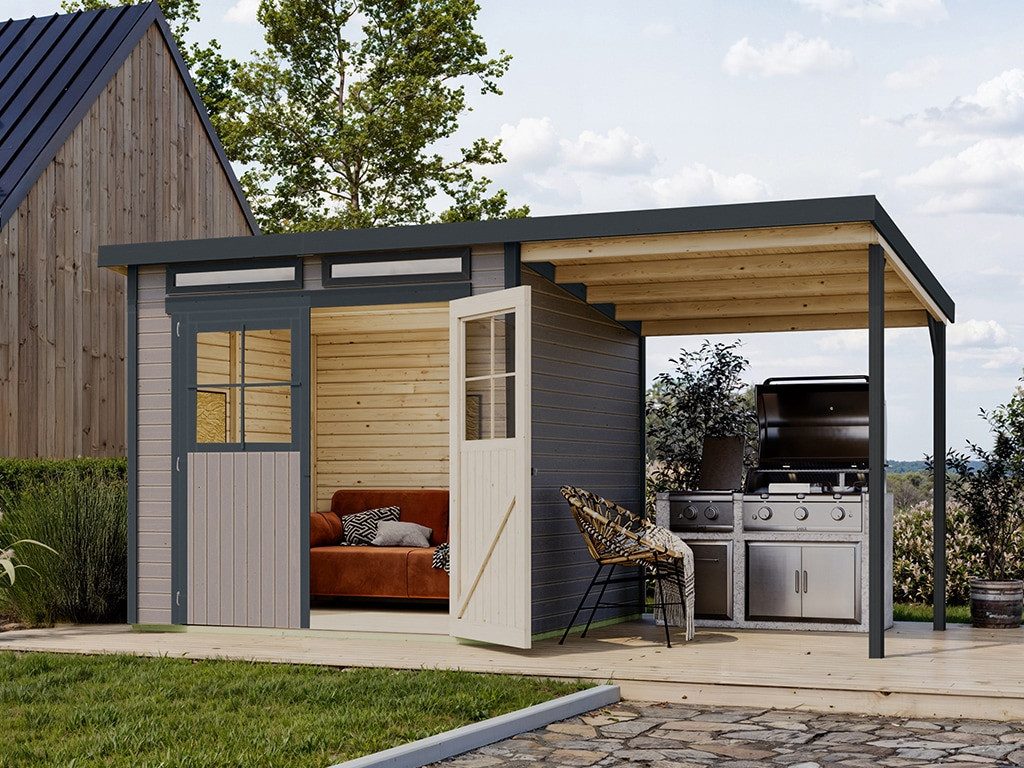 Karibu Gartenhaus KARIBU Gartenhaus mit Anbau Glücksberg 19 mm, BxT: 439x269 cm, Blockbohlenhaus mit Fußboden, robustes Gerätehaus für den Garten