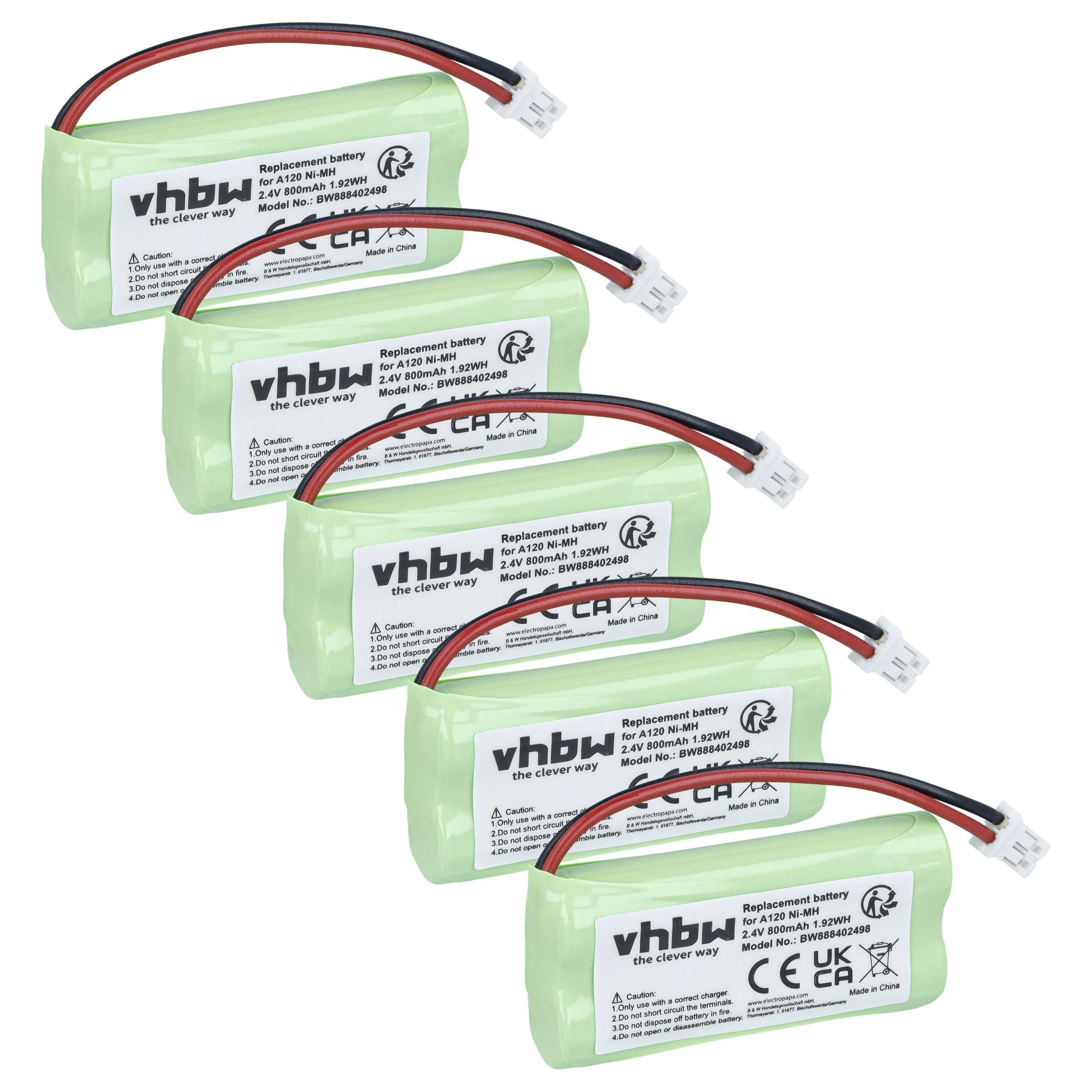 vhbw passend für Siemens Gigaset A145, A160, A150, A24, A240, A165, A16, A1 Akku Akku NiMH 800 mAh (2,4 V, 5 St), Leistungsfähige Austausch-Akkus für Telefon, Festnetz oder schnurloses