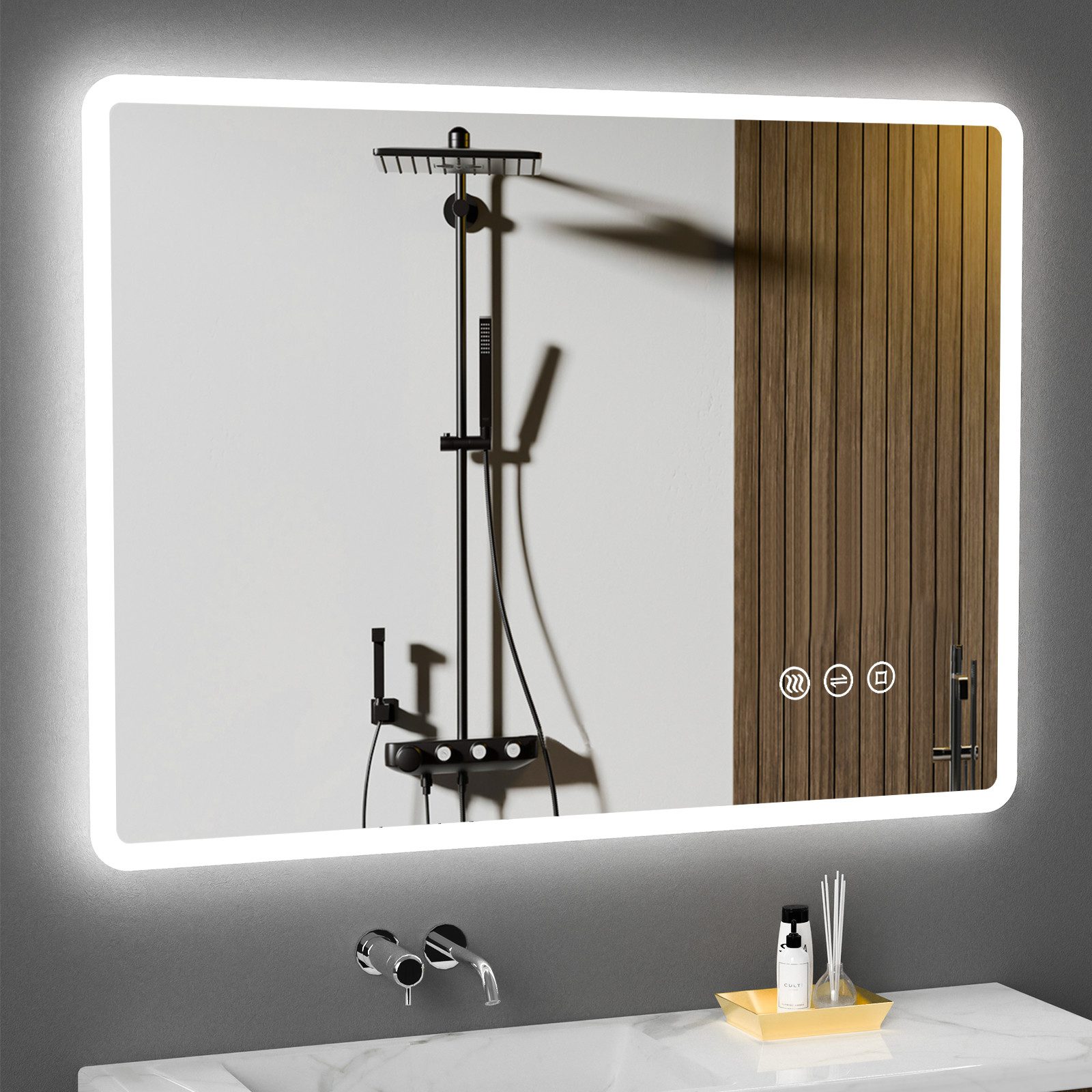 GIMBELEN Badspiegel LED mit 3 Lichtfarben, beschlagfrei und dimmbar, Touch-Schalter (1-St), Explosionsgeschütztes Glas, IP44, 60x80cm