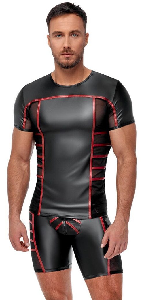 NEK Muskelshirt Shirt halb transparent halb Wettlook - schwarz, rot (1-tlg) Schwarzer Mattlook mit Feinnetz-Einsätzen seitlich