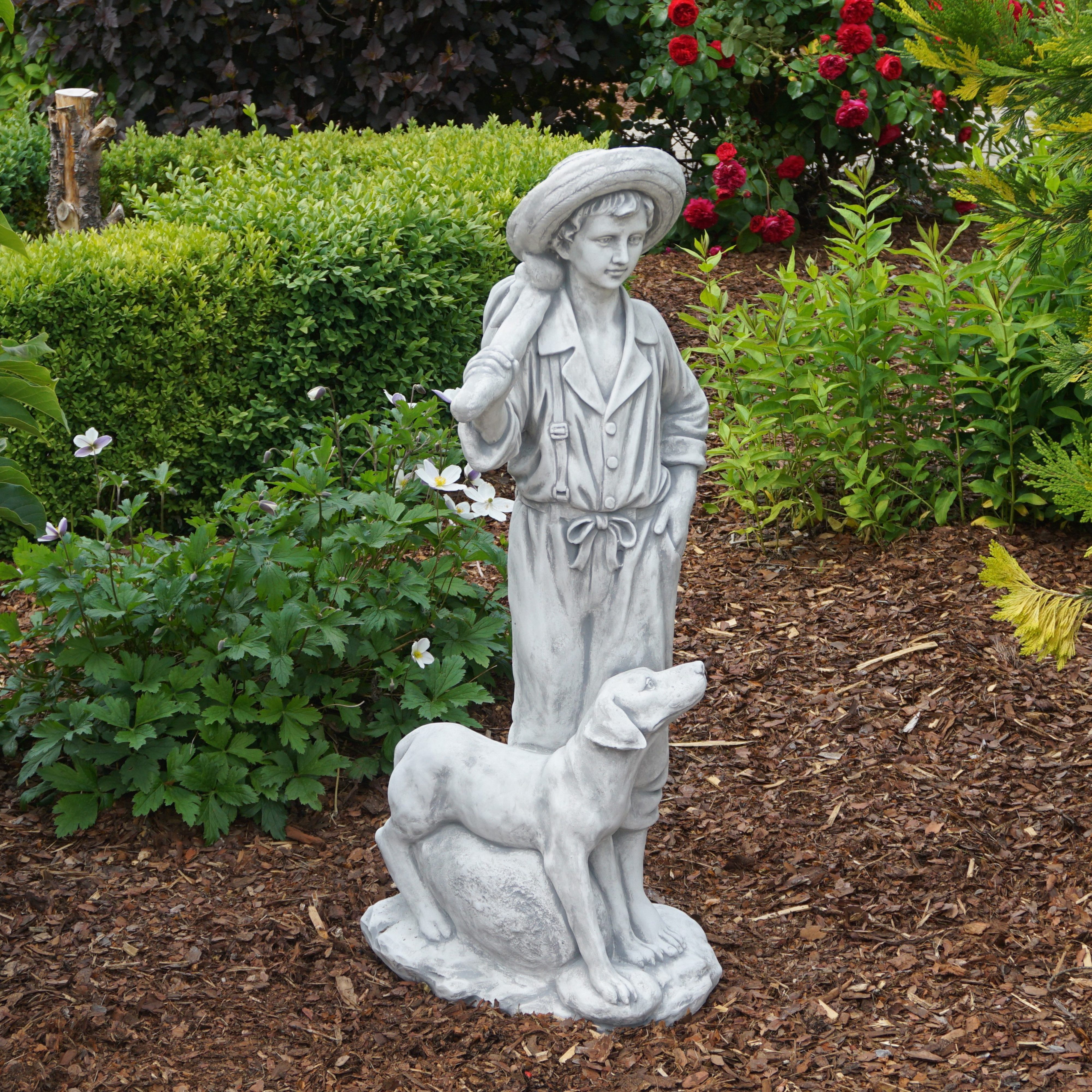 gartendekoparadies.de Gartenfigur Statue Junge mit Jagdhund, H. 94 cm, 64 kg, Frostsicher