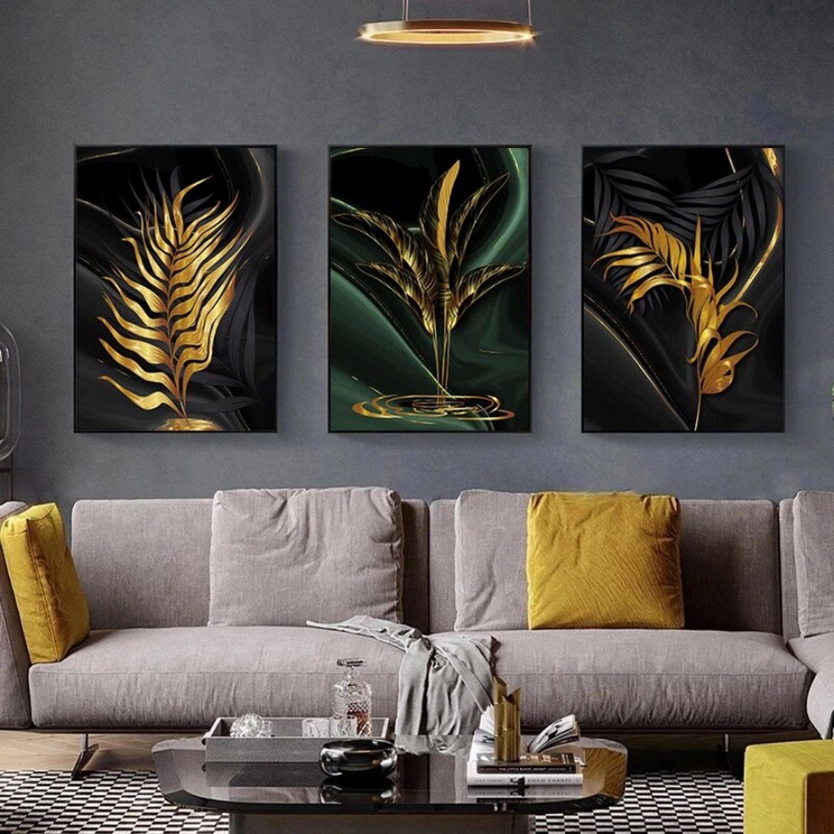 TPFLiving Kunstdruck (OHNE RAHMEN) Poster - Leinwand - Wandbild, Goldene Blätter - (Einzeln und im günstigen 3-er Set - Wanddeko Wohnzimmer), Farben: Gold, Schwarz - Größe: 50x70cm