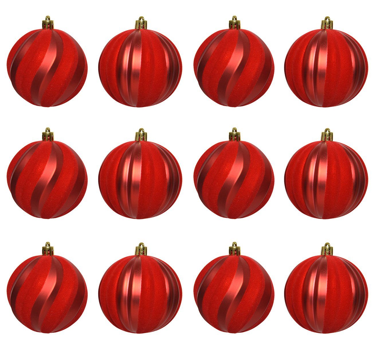 Decoris season decorations Weihnachtsbaumkugel, Weihnachtskugeln Kunststoff 8cm Samt Streifen 12er Set - Weihnachtsrot