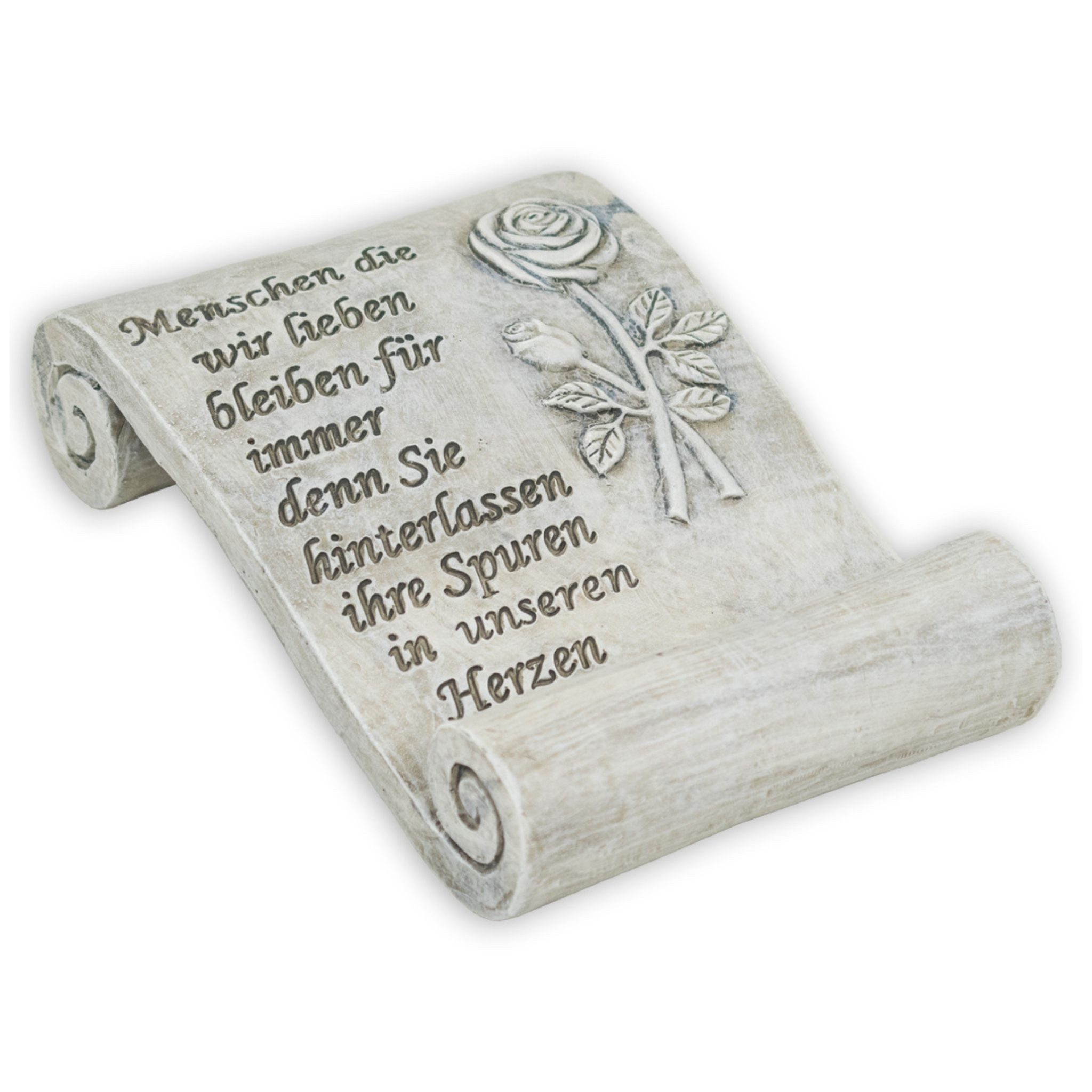 matches21 HOME & HOBBY Dekofigur Grabschmuck Schriftrolle mit Spruch und Rose (1 St), Wetterfeste Trauer Grab-Deko für Friedhof, Allerheiligen