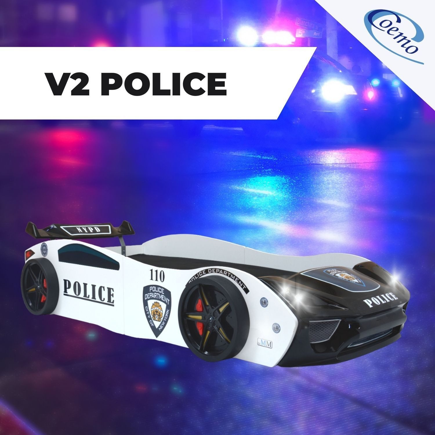 Coemo Autobett V2 POLICE (Komplett-Set Bett und Lattenrost), Kinderbett 90x200 cm Polizeiauto POLICE Rennwagen mit Beleuchtung