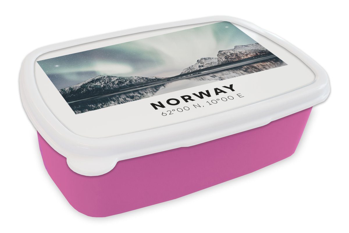 MuchoWow Lunchbox Norwegen - Nordlichter - Wasser, Kunststoff, (2-tlg), Brotbox für Erwachsene, Brotdose Kinder, Snackbox, Mädchen, Kunststoff rosa