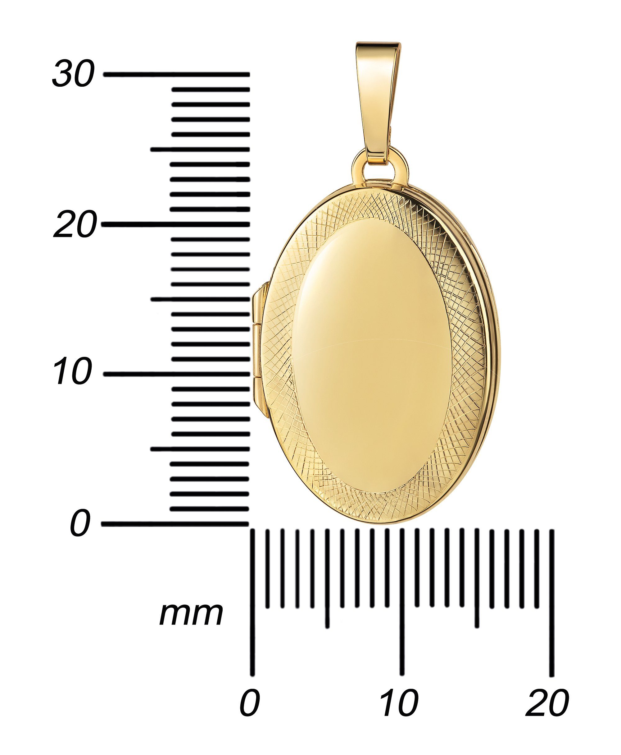 JEVELION Kettenanhänger Medaillon 750 Gold oval Ornament-Rand Verzierung Amulett für 2 Bilder (750er Goldanhänger, für Damen und Mädchen), Mit Kette vergoldet - Länge wählbar 36 - 70 cm