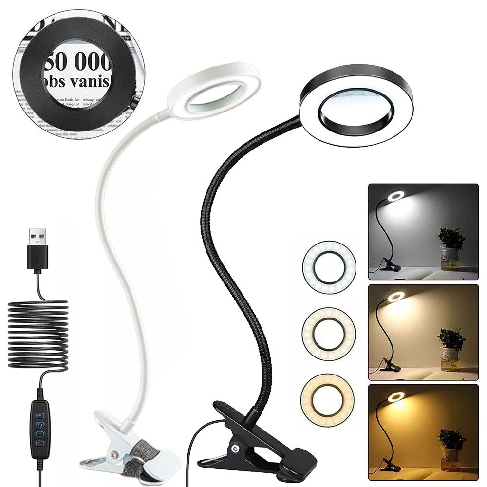 PRIISF Leuchtlupe Dimmbare LED Lupenleuchte 5X Klemmlupe Arbeitslampe Flexible Leselampe, 360° verstellbare Schwanenhals Lampe Tischlampe Lupenlampe, 3 Einstellbare Farben und 10 Helligkeitsstufen Klemmlampe Büroleuchte, Arbeitsplatzlampe für Diamond Painting Basteln Juweliere Modellbau