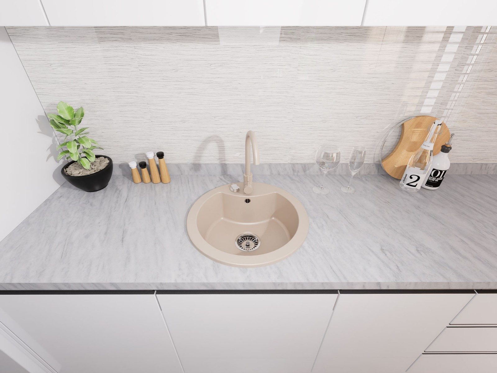 Faizee Möbel Granitspüle Granit Spüle Einbauspüle rund Spülbecken+Drehexcenter+Siphon 49cm, Rund