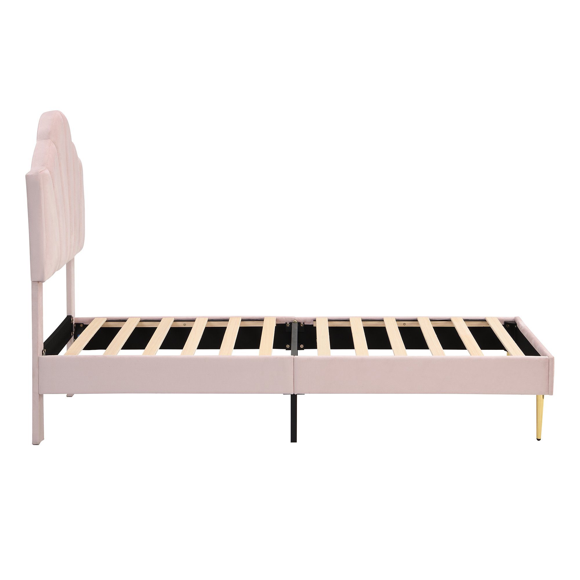 Polsterbett (Einzelbett 90 x 200 cm, ohne Matratze), mit höhenverstellbarem Muschel-Form-Kopfteil und Lattenrost, Samt
