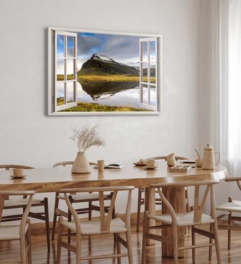 Sinus Art Leinwandbild Wandbild 120x80cm Fensterbild Island Landschaft Berge See Natur Grün, (1 St)