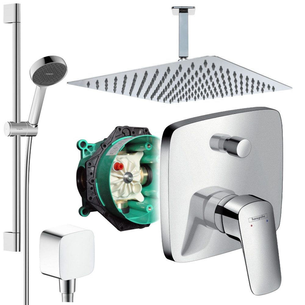 Hansgrohe und Jowi Duscharmatur Logis, Unterputz Duschsystem, Regendusche mit Deckenanschluss (Unterputz-Duschsystem, Set) Kopfbrause und Deckenanschluss aus Edelstahl