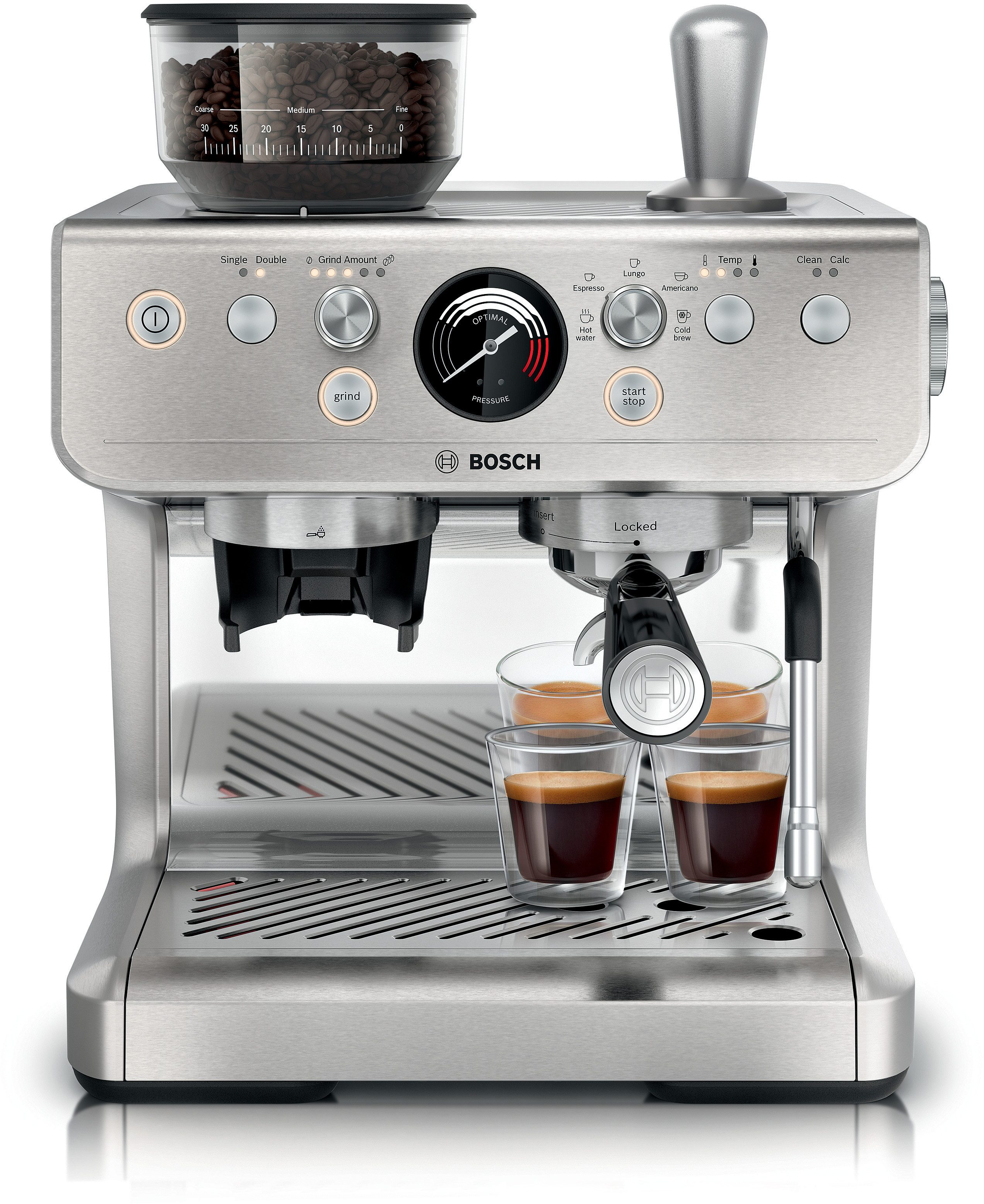 BOSCH Espressomaschine halbautomatische Siebträgermaschine PFE401C3 HomeCafé Serie 4, Integriertes Mahlwerk, 58mm-Siebträger, 30 Mahlgrade, 5 Direktwahl