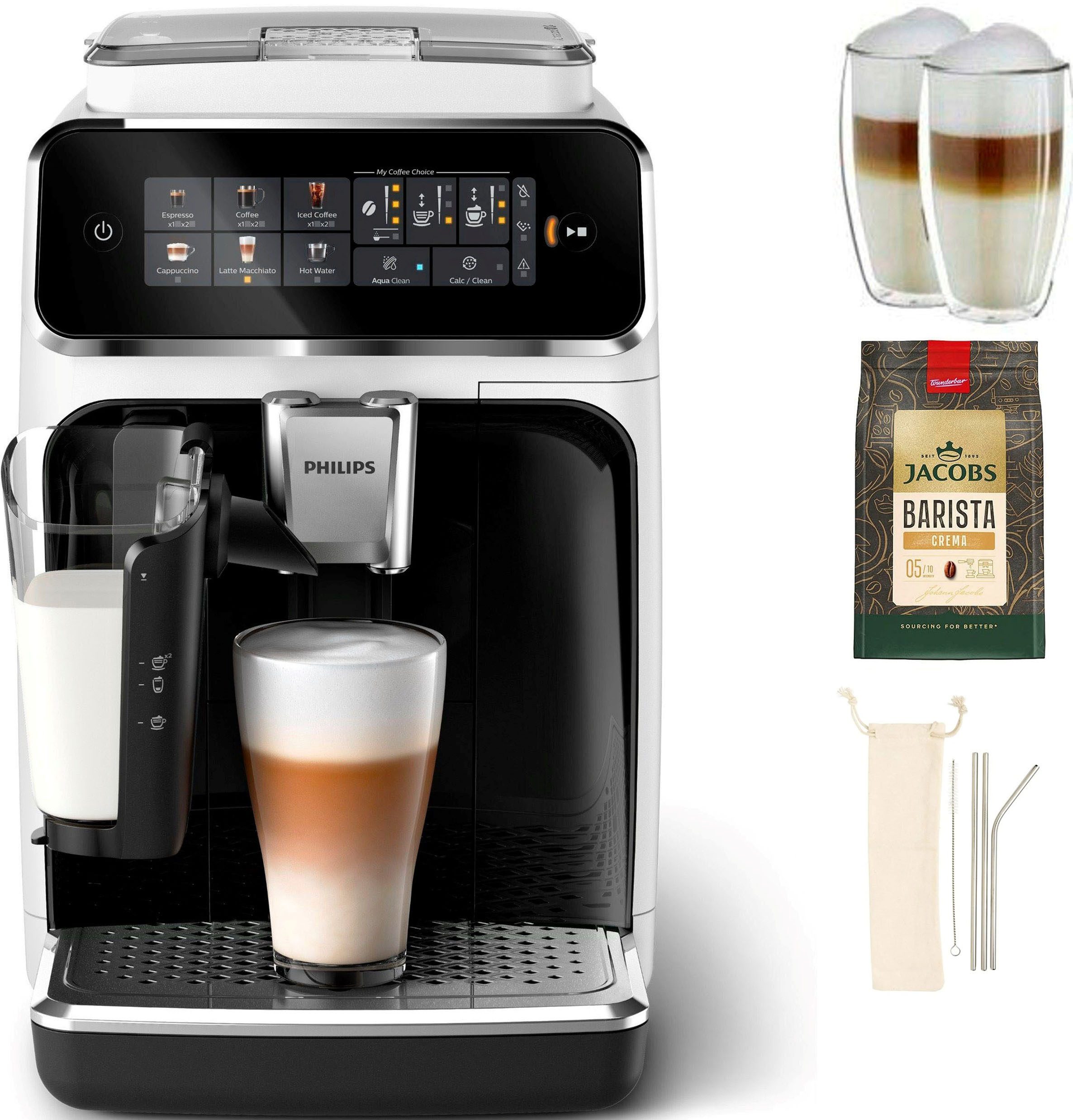 Philips Kaffeevollautomat EP3343/50 3300 Series, 6 Getränke (heiß oder eisgekühlt), LatteGo-Milchsystem, SilentBrew Technologie, Weiß-Schwarz