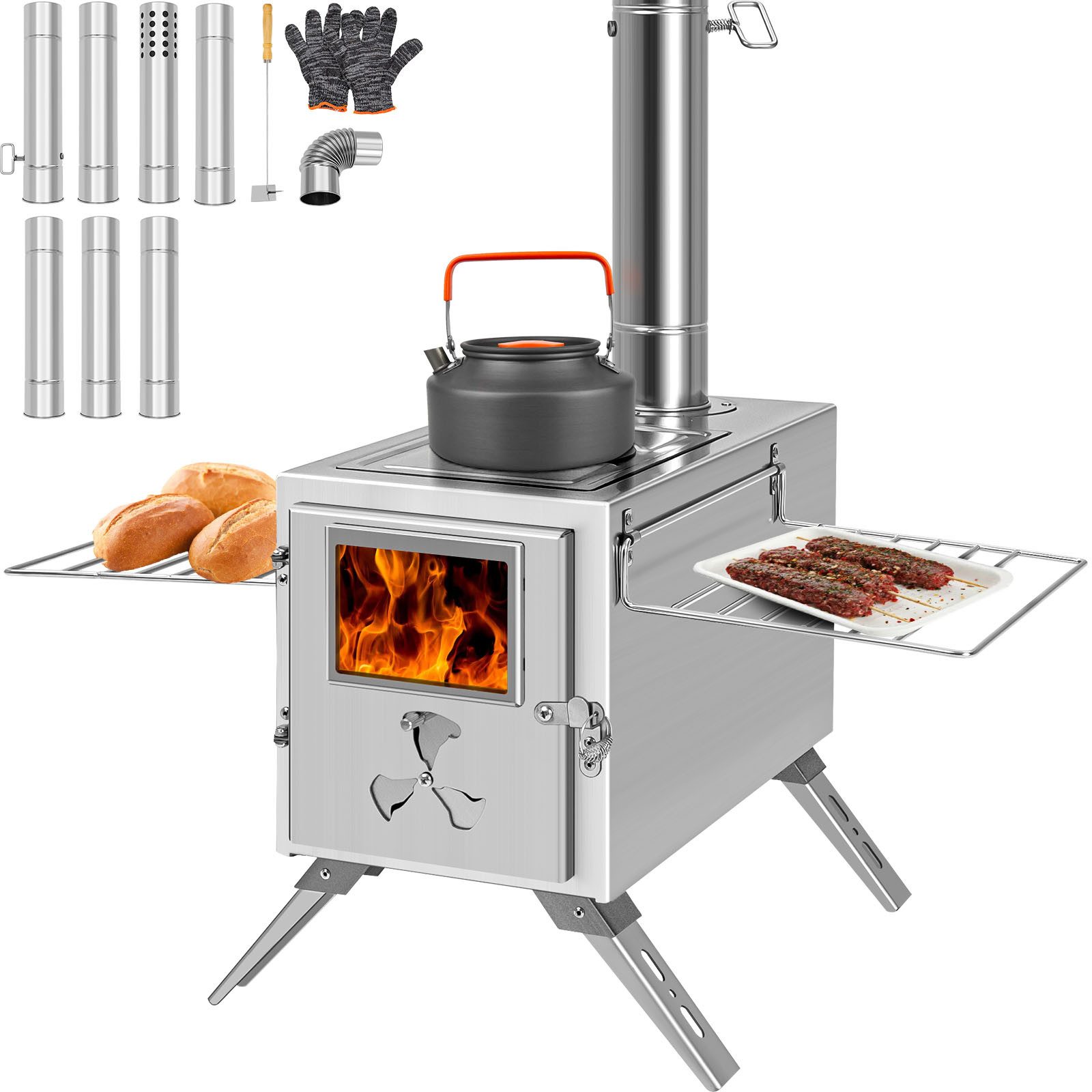 Meulbaty Feuerstelle Heißer Zeltofen, Camping-Holzofen für Zelt, tragbarer Holzofen, (1-St), aus Edelstahl, mit 7 Kaminrohren für Wandzelt-Camping, Kochen