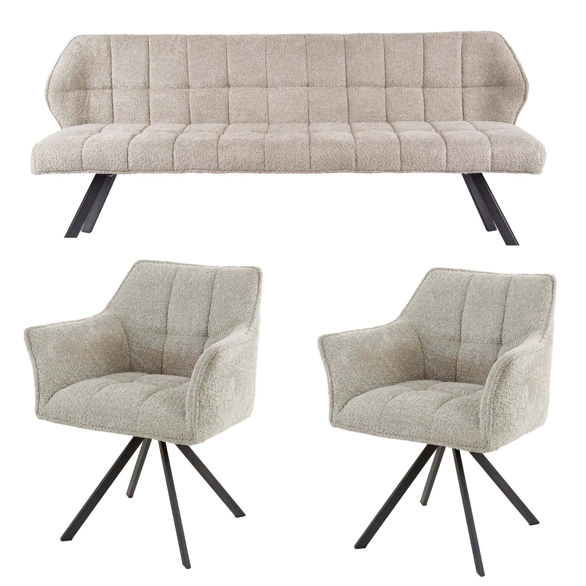Maison ESTO Essgruppe Esstischgruppe gepolstert Esstischbank + 2 Armlehnstühle sand, bestehend aus 1 Küchensofa 180 cm und 2 drehbare Stühle mit Armlehne
