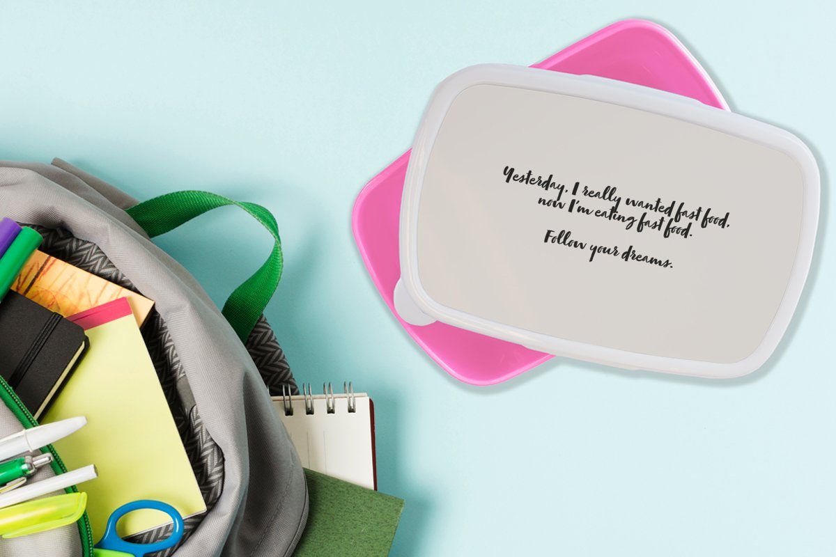 MuchoWow Lunchbox Fastfood-Liebhaber - Fastfood rosa Zitate Folge deinen, (2-tlg), Kunststoff, Mädchen, Sprichwörter für - - Brotdose Kinder, Erwachsene, Snackbox, Brotbox - Kunststoff