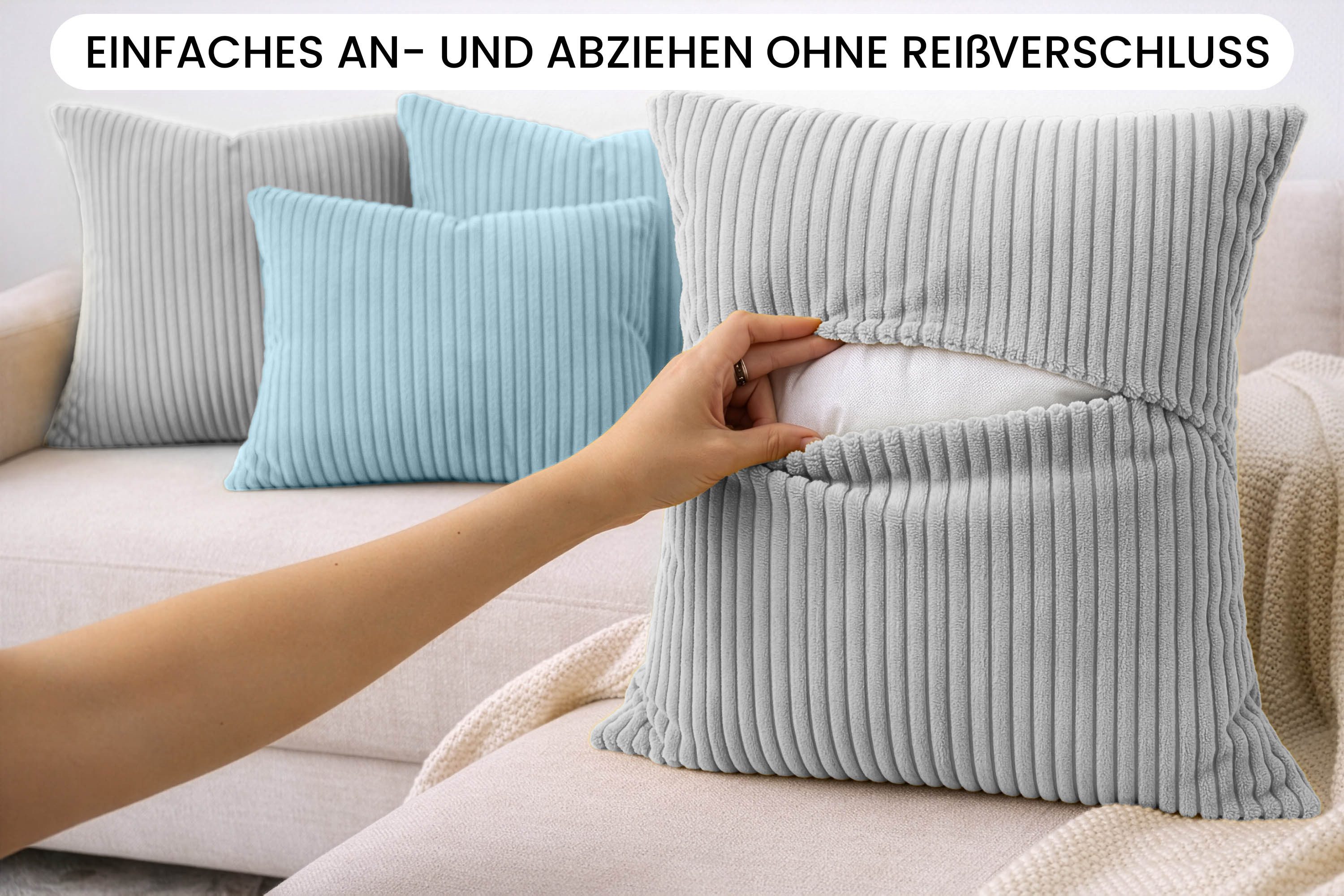 Amilian Dekokissen Sofakissen Cord-Optik 4er Set mit Füllung 2x 40x40 + 2x 35x45 cm, mit Füllung, Hotelverschluss, formstabil – Bild 5 von 5