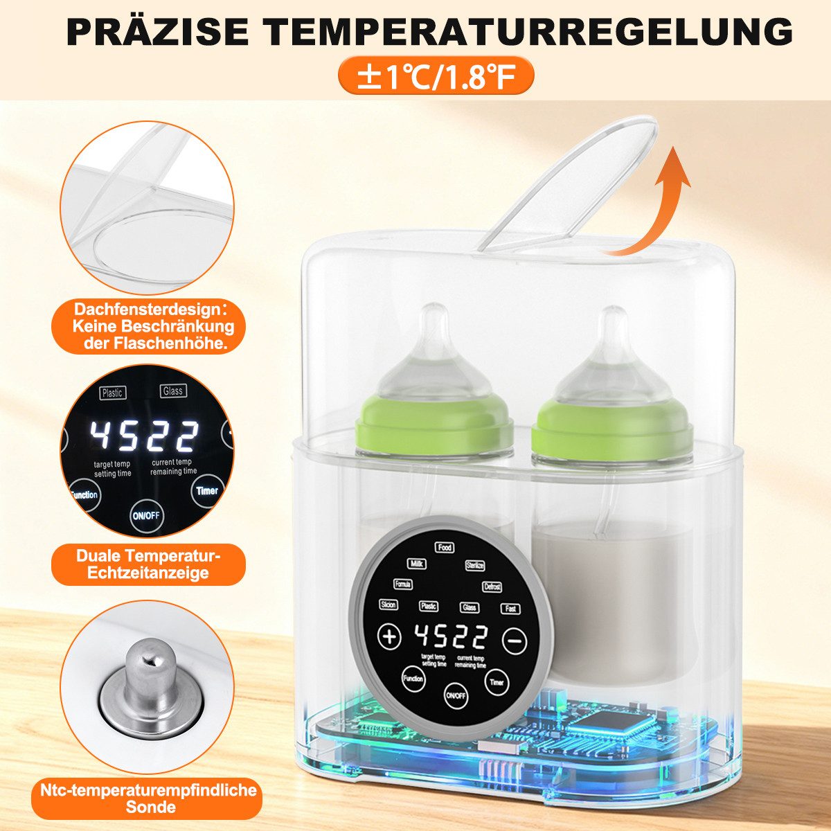 Novzep Babyflaschenwärmer Babyflaschenwärmer&Sterilisator,2 Flaschen,Auftauen,Erhitzen,Timer,LED, BPA-frei,100 °C Dampfst­erilisatio,Auftauen Warmhalten Babykostwärmer