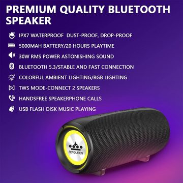 ROYQUEEN Stereo Lautsprecher (Bluetooth, 30 W, mit Licht Tragbarer Musikbox mit IPX7 Wasserdich für Draußen Camping)