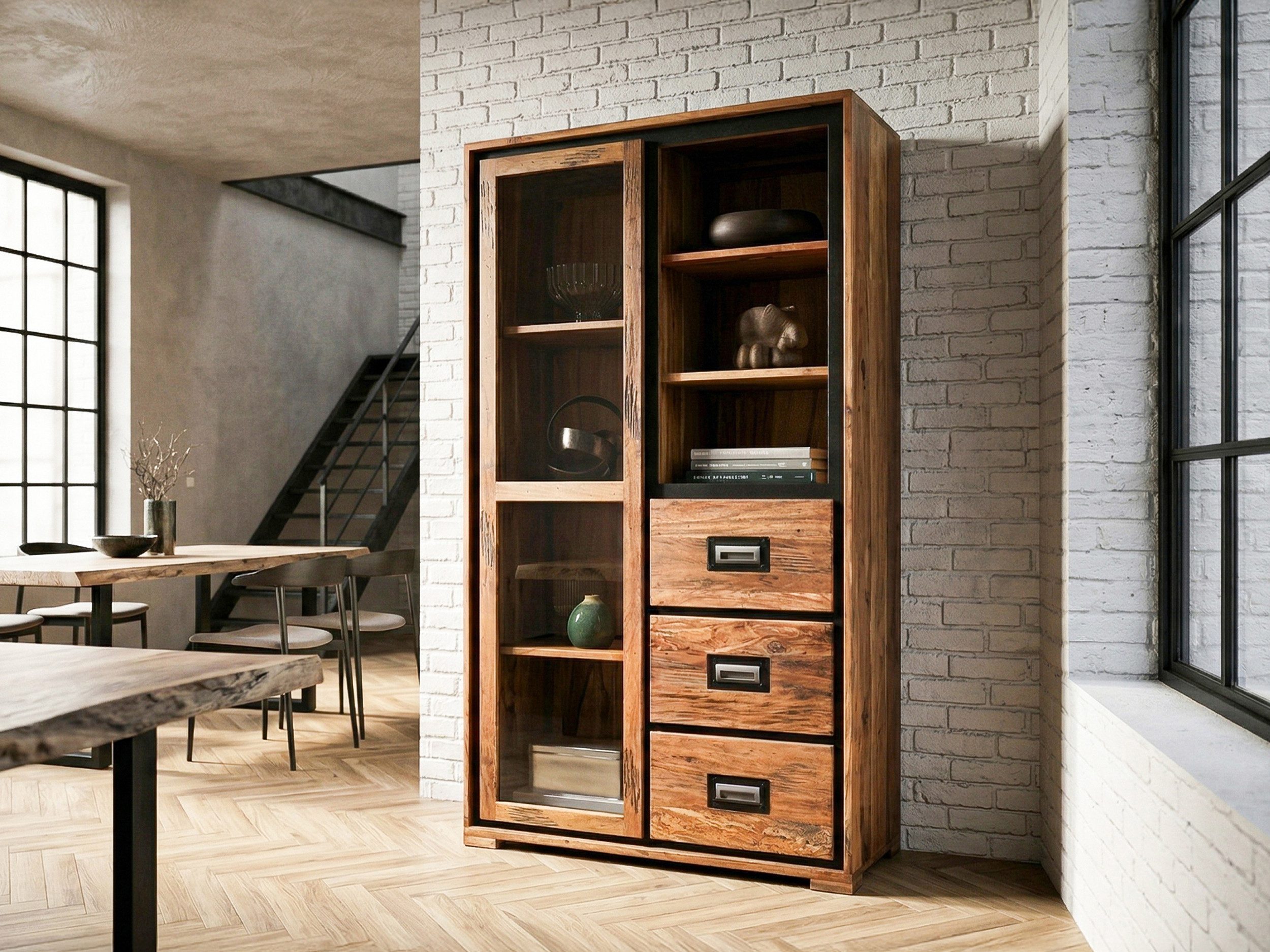 Massivart® Glasvitrine Vitrine 175 cm Höhe Akazie Altholz massiv »NARVIK« Massivholz · montiert · 3 Schubladen · 3 offene Fächer