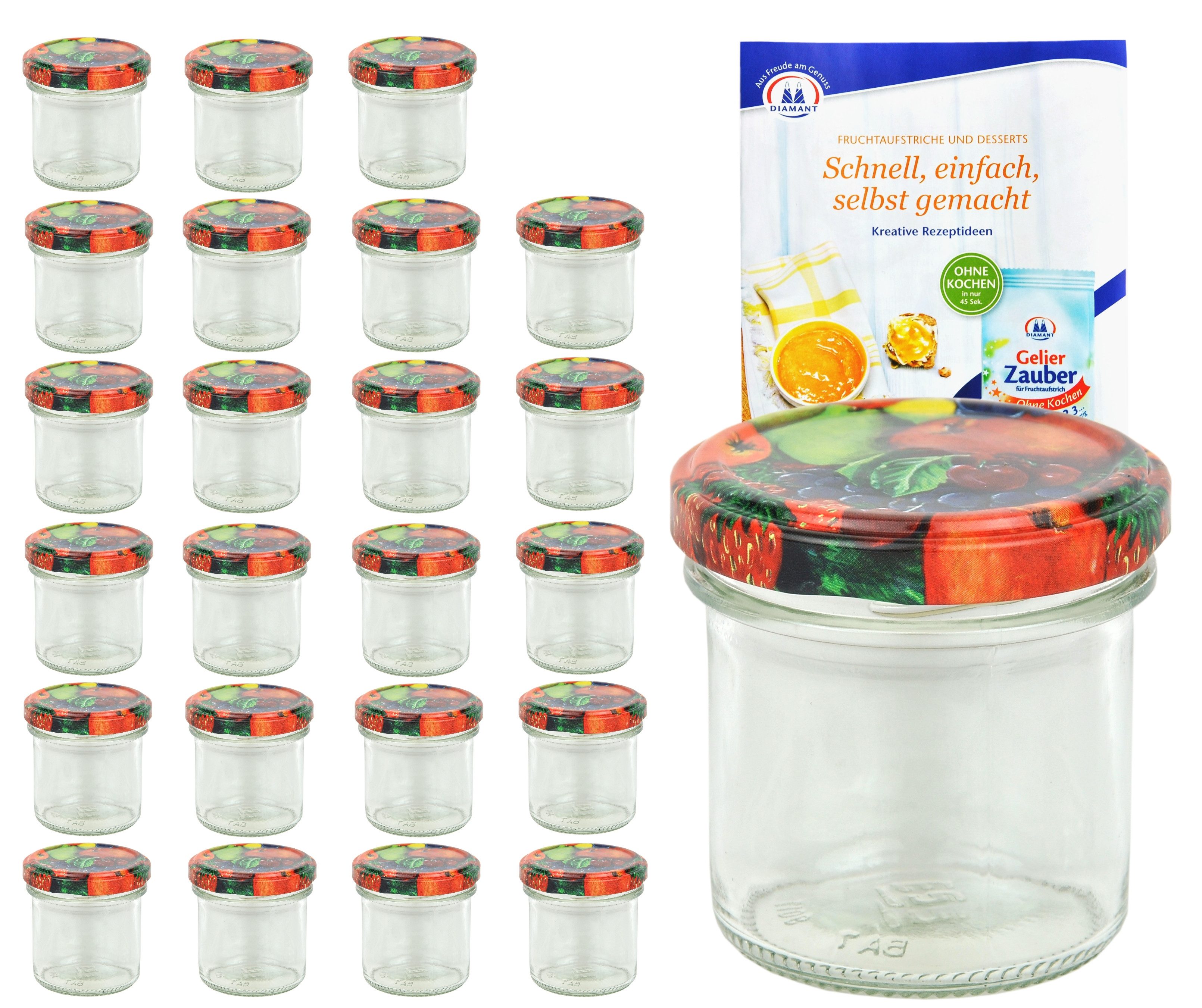 MamboCat Einmachglas 24er Set Sturzglas 167 ml To 66 Obst Dekor Deckel incl. Rezeptheft, Glas