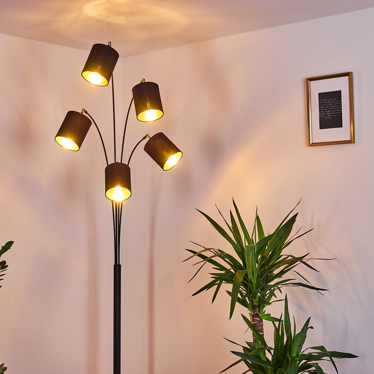 hofstein Stehlampe moderne ohne Leuchtenköpfe in Leuchtmittel, Fußschalter aus Metall/Stoff Leuchte Schwarz/Gold, Stehleuchte und verstellbare 5xE14, »Vellai«