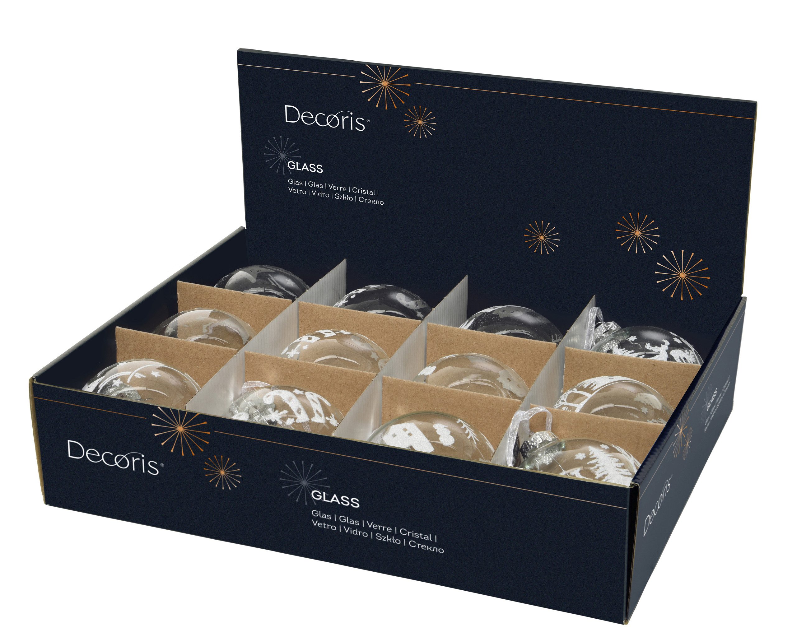 Kaemingk Weihnachtsbaumkugel, Weihnachtskugeln Glas mit Motiv gefüllt 8cm klar / weiß, 12er Set