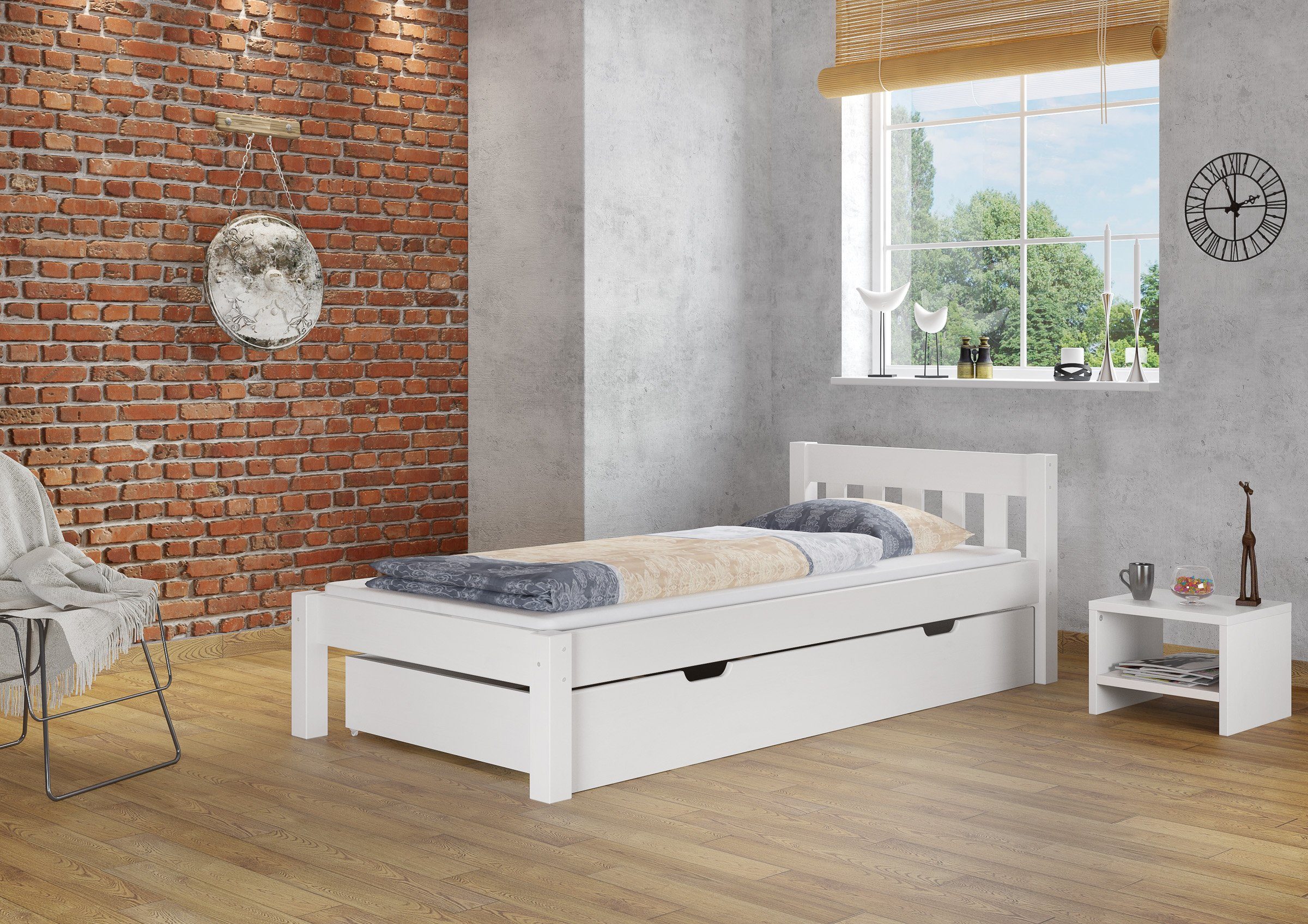Bett Federleisten, 90x200 mit Kiefer weiß Holzbett Modernes Kieferwaschweiß ERST-HOLZ