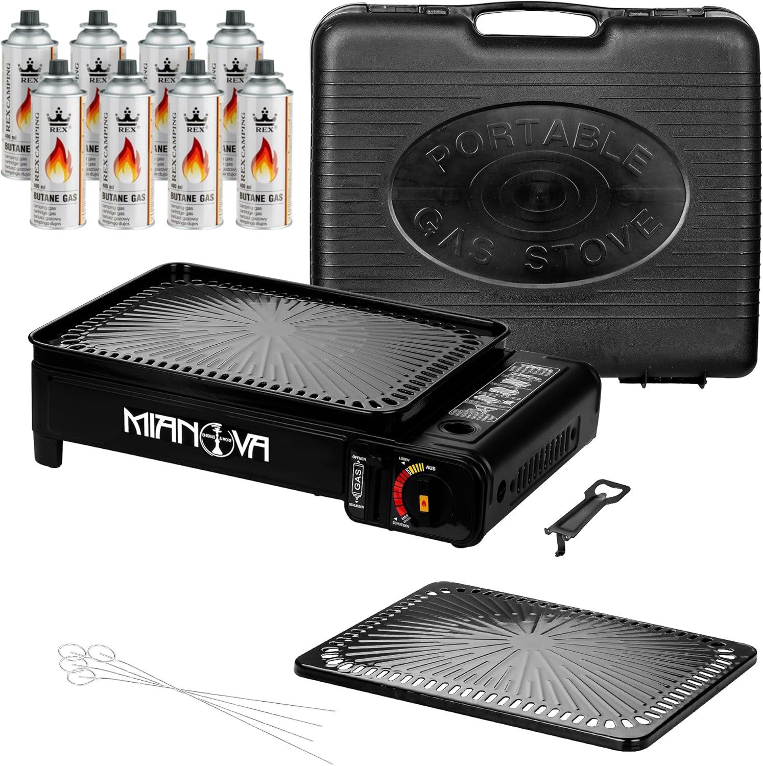 Mianova Camping-Gasgrill 2in1 Campinggrill Campingkocher Tischgrill Grillplatte 8 Gaskartuschen, Gasgrill für Camping Angeln Zelten - Ideal zum Grillen - Geliefert im Tragekoffer, Mobiler Campinggrill mit Piezozündung und umfangreichem Komplettset