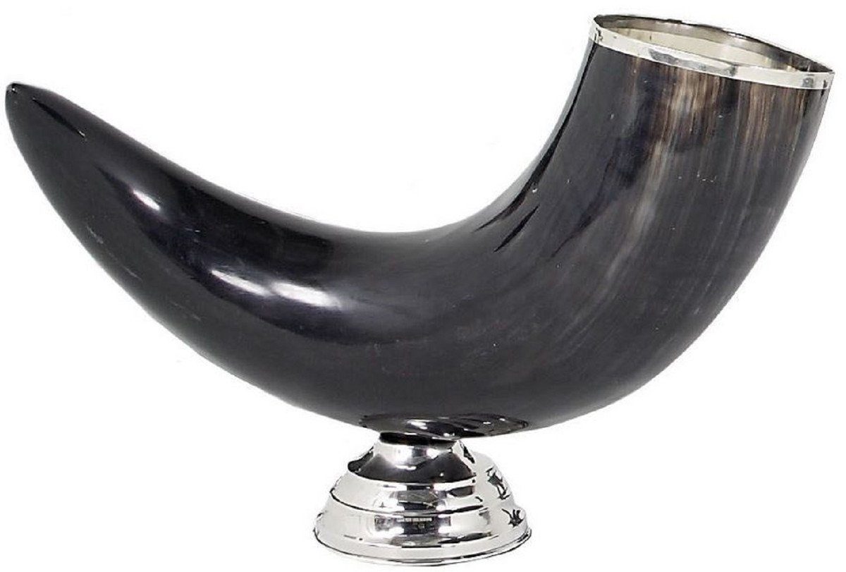 Casa Padrino Dekoobjekt Luxus Deko Horn mit Sockel Schwarz / Silber 40 x 12 x H. 26 cm - Schreibtisch Dekoration | Deko-Objekte