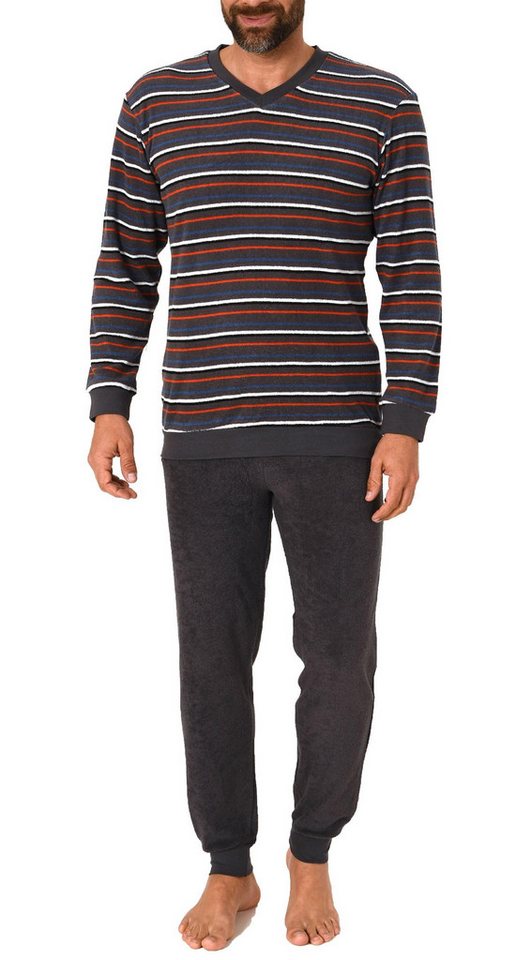 Normann Pyjama Langer Herren Frottee Schlafanzug mit Bündchen Streifenoptik