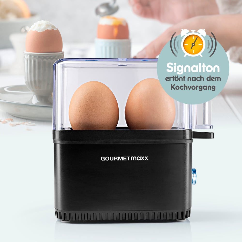 GOURMETmaxx Eierkocher GOURMETmaxx Design-Eierkocher für 2 Frühstückseier, 250 W, für perfekte Frühstückseier,  mit Messbecher & Ei-Pick