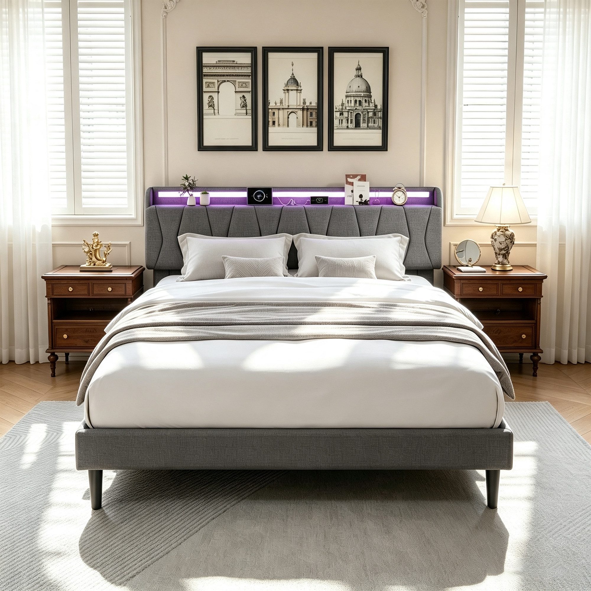 Simurq Polsterbett Bett 140x200 mit LED & Ladestation Bett,Doppelbett mit Stauraum (Packung, Jugendbett Bettgestell mit Lattenrost,Stauraum Kopfteil), Stauraum unter dem Bett,Hohem Kopfteil,Modern