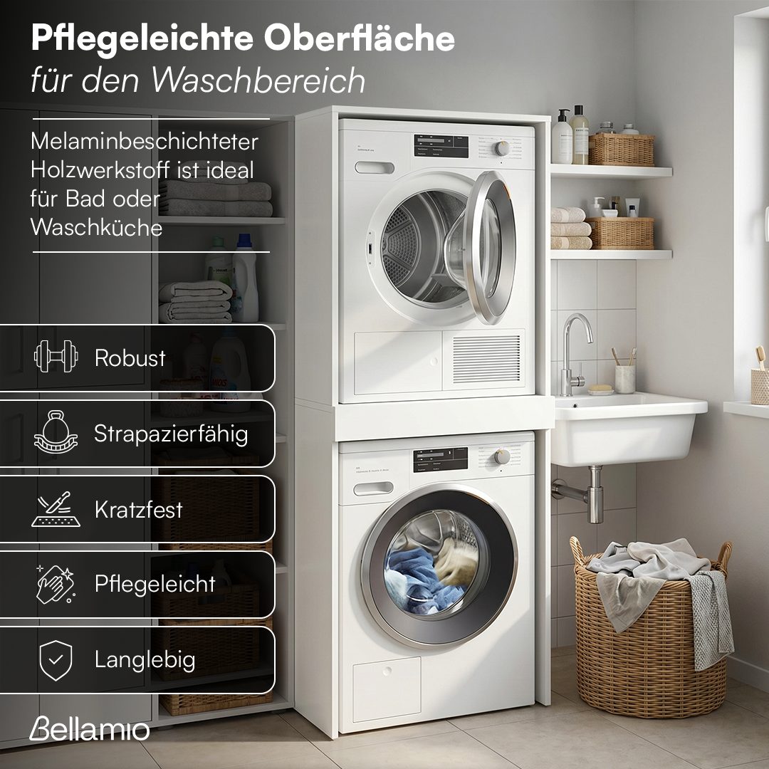 Bellamio Waschmaschinenumbauschrank Vist, Waschturm für Waschmaschine & Trockner mit ausziehbarer Ablage (187 x 65 x 66 cm (HxTxB), weiß) Hochschrank kompatibel – Bild 5 von 5