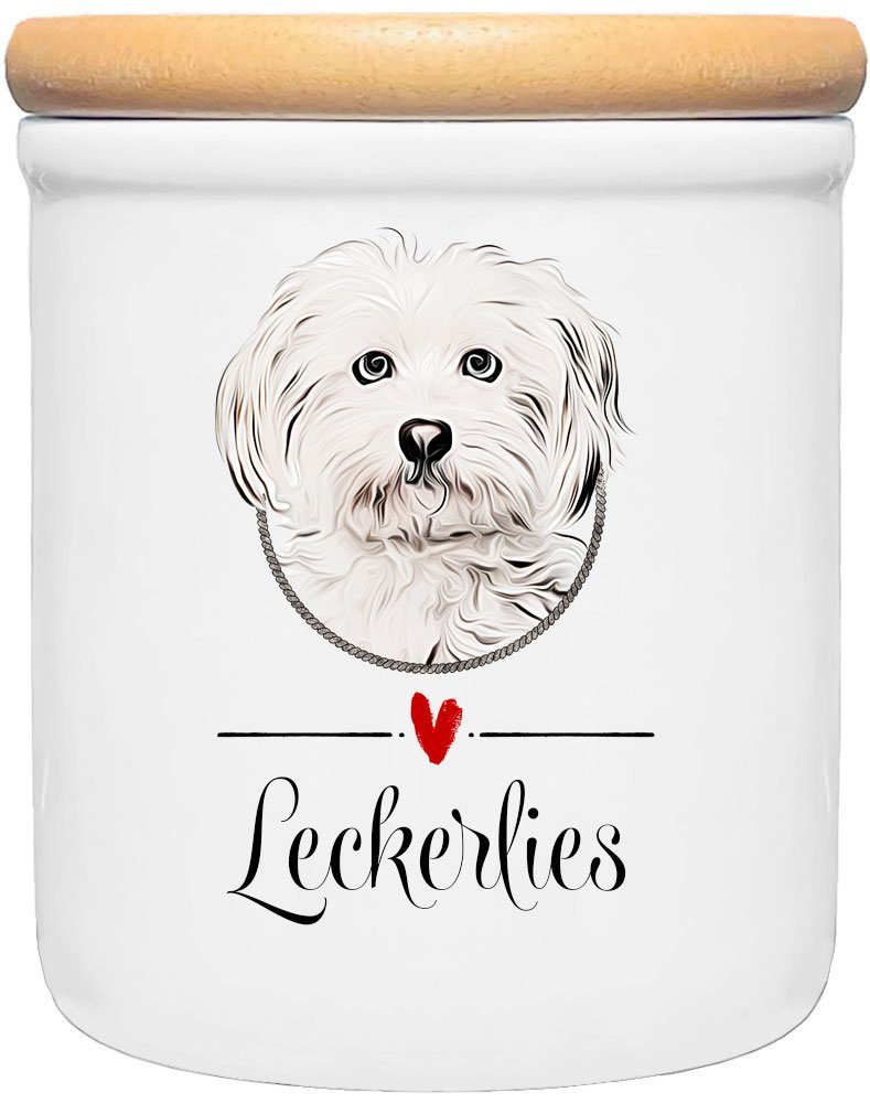 Cadouri Vorratsdose MALTESER - Leckerlidose Hund - für Hundekekse, Keramik, (Leckerlidose mit Hunderasse, 2-tlg., 1x Keramikdose mit Holzdeckel), Hundekeksdose, handgefertigt in Deutschland, für Hundebesitzer, 400 ml