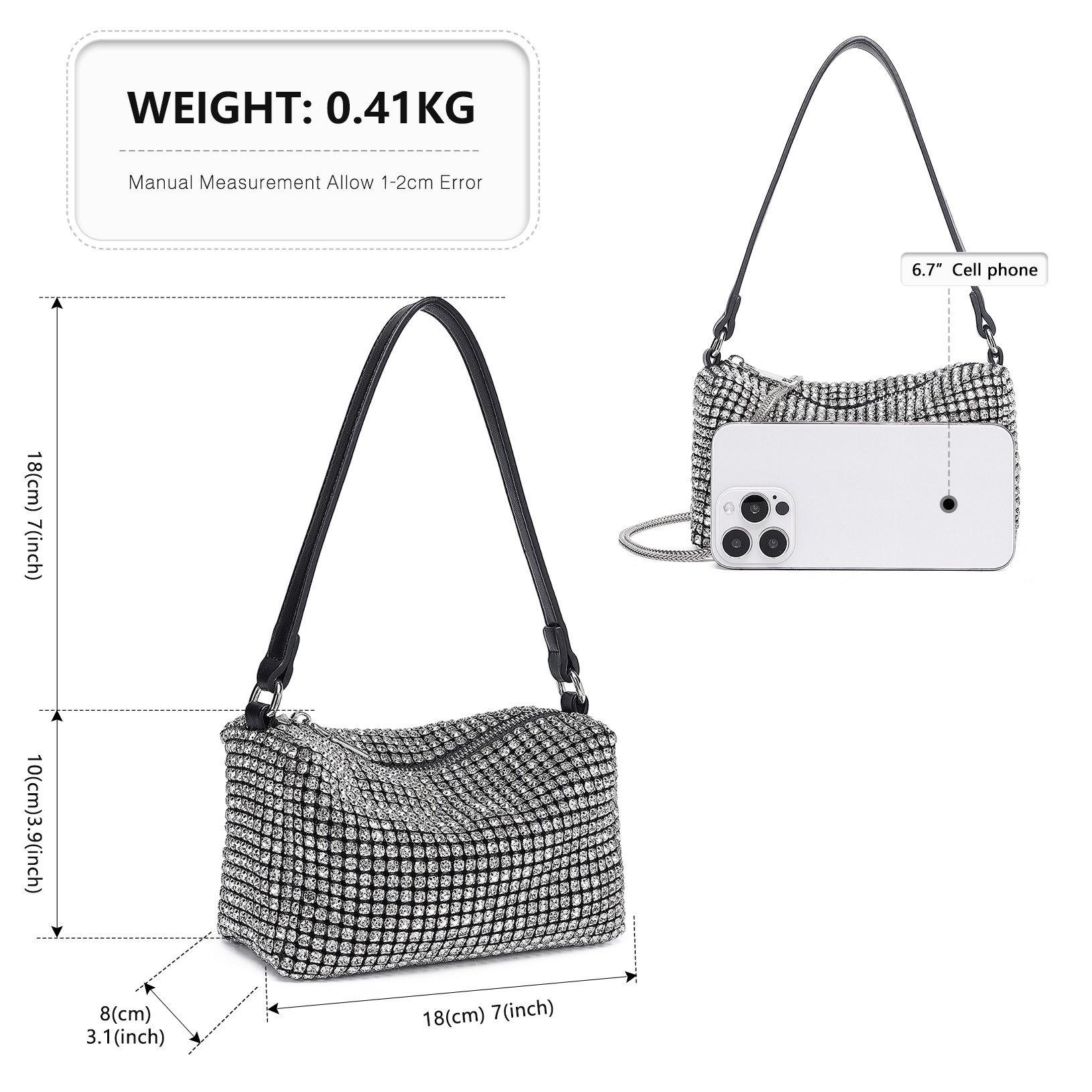 Miss Lulu Clutch Glitzer-Clutch mit Kristallbesatz & abnehmbarer Kette, Sil günstig online kaufen