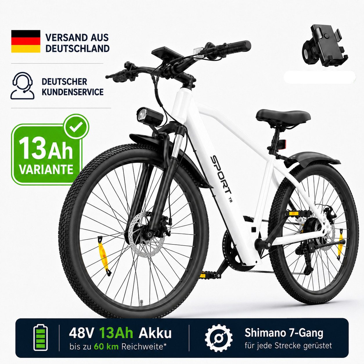 PixelPilot E-Bike Cityrad 26'' Elektrofahrrad 48V 13/8Ah Akku, Shimano 7-Gang, Abnehmbarer Korb, 7 Gang, Nabenmotor, 624 Wh, (Packung)