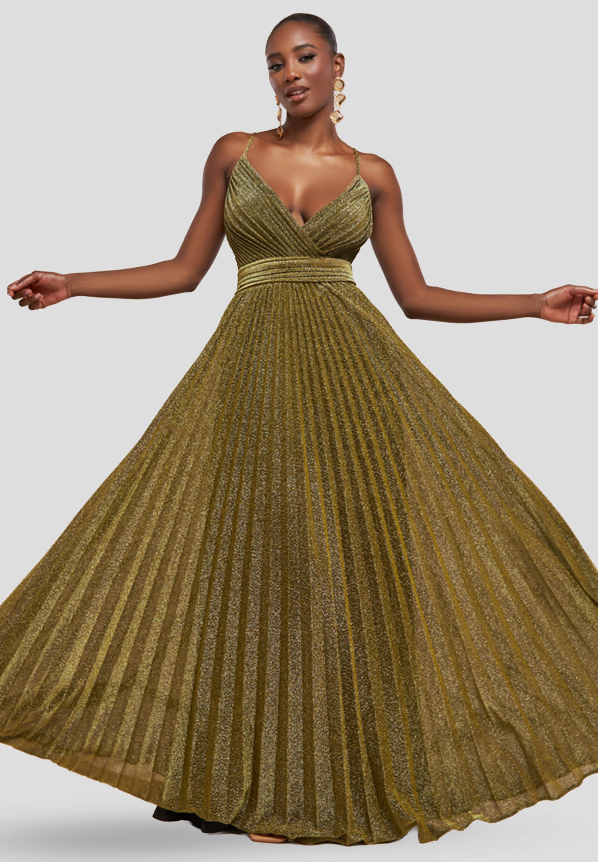 Goddiva Maxikleid Sleeveless Pleated A Line Lurex Maxi Dress Langes Kleid, Wickeloptik, Ärmellos