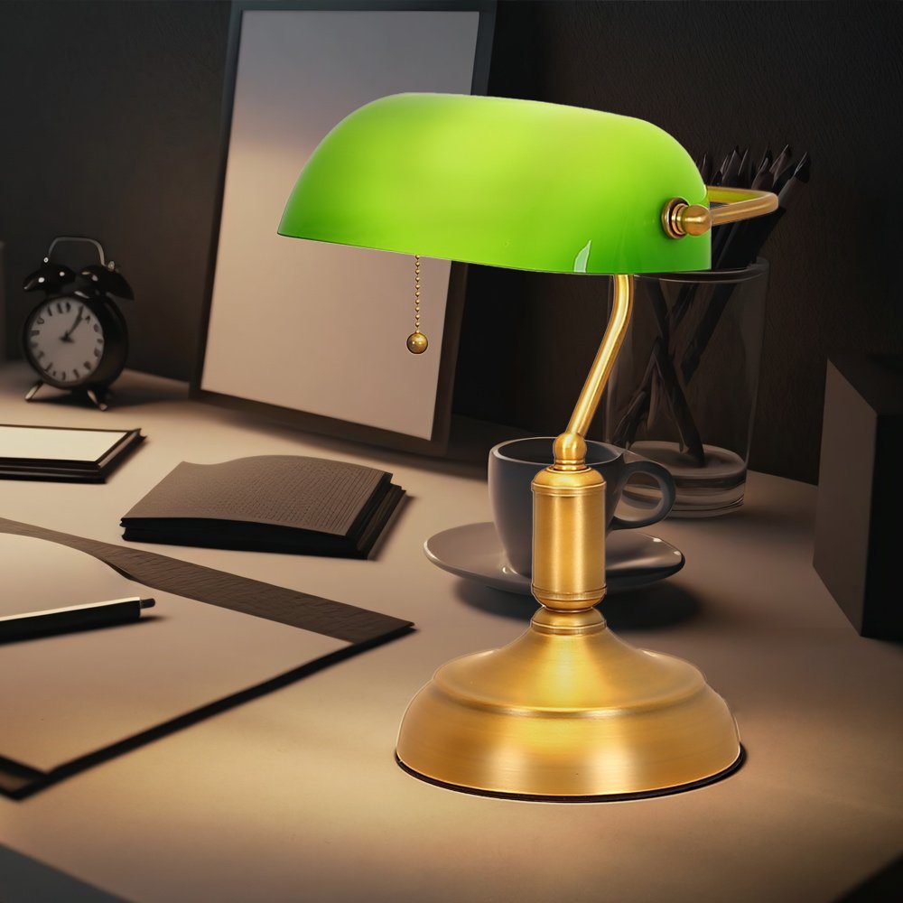 nicht Schreibtischleuchte Globo grün Bankerleuchte Tischlampe messing Leuchtmittel Zugschalter Schreibtischlampe, inklusive,