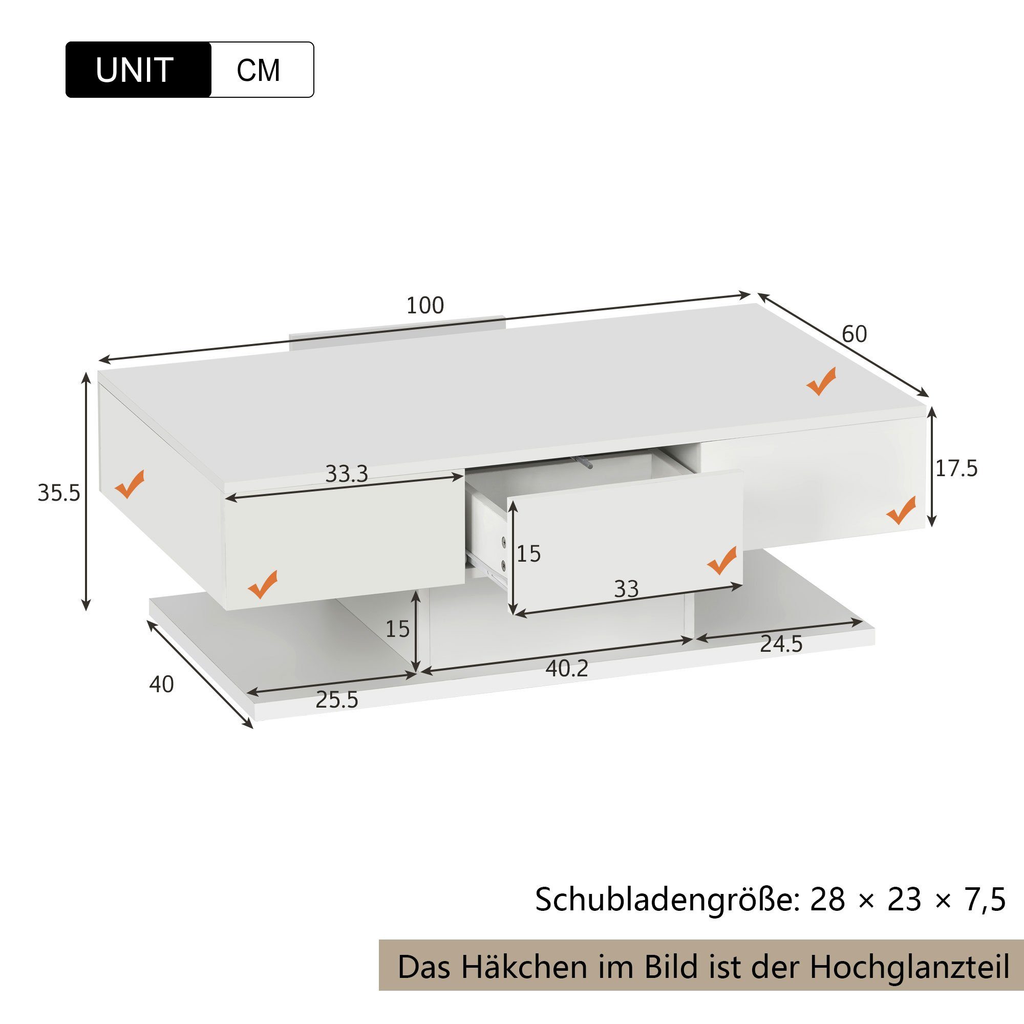 Tisch in Sofas Teetisch Farben), Sofas Tee für moderne (2-IN-1-TISCH 16 Schreibtisch hochglanzige Büro Wohnzimmer 100cm, Teetisch Couchtisch LED-Lichter großer Wohnzimmer Wohnzimmer Wechselnde Sofa Couchtisch hochglanzige REDOM Schubladen mehrere 2