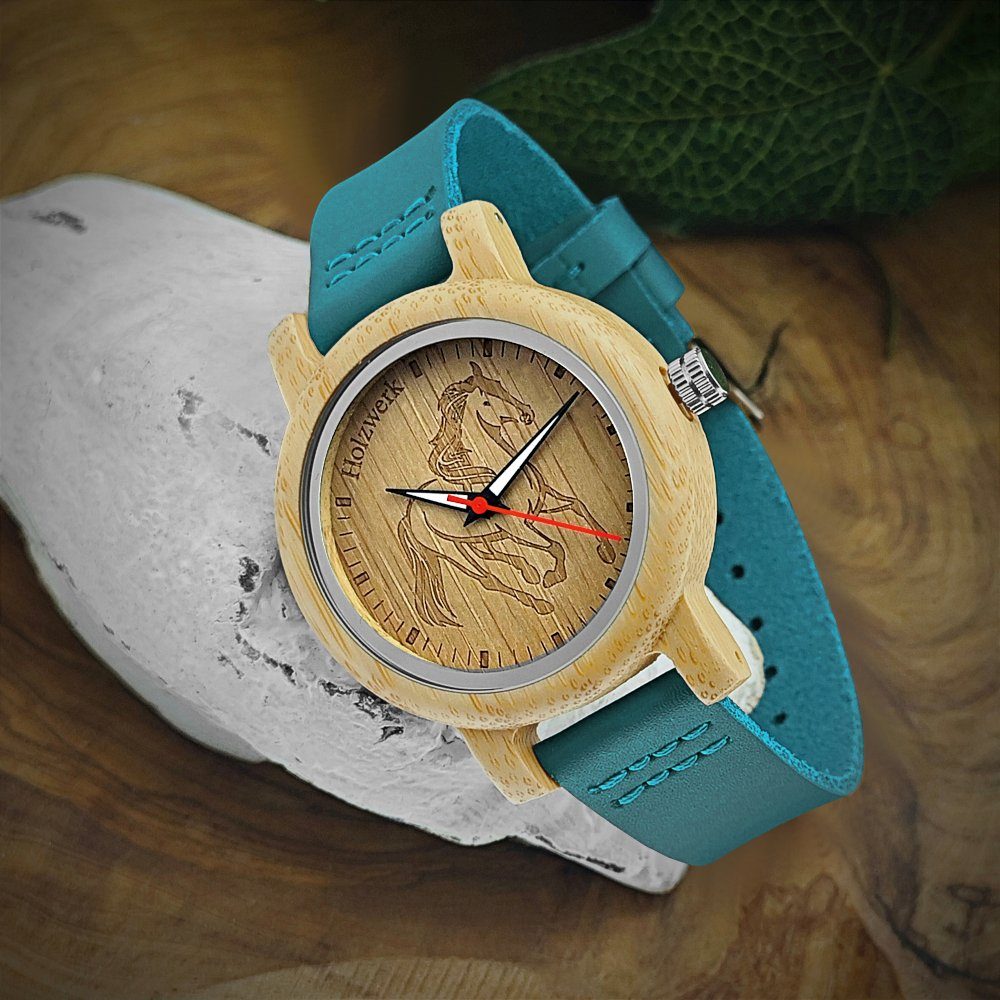 Holzwerk Quarzuhr LIL TORI BLUE Kinder Leder & Holz Armband Uhr, Pferd Motiv, blau