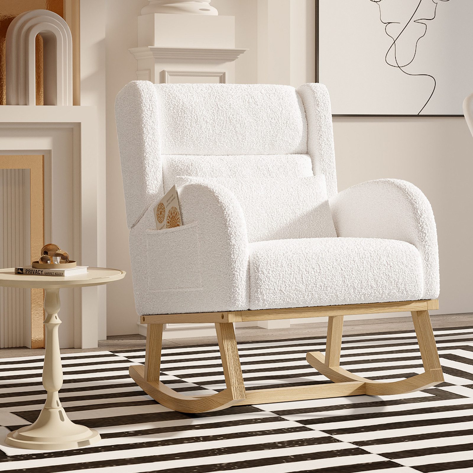 FUROKOY Schaukelsessel Schaukelstuhl mit Massivholzfüßen, für Schlafzimmer (Set, 1-St), 2 Seitentaschen,1 Lendenkissen,Teddystoff,Weiß