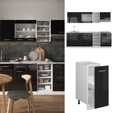 Livinity® Küchenzeile R-Line, Schwarz Hochglanz/Weiß, 240 cm, AP Eiche