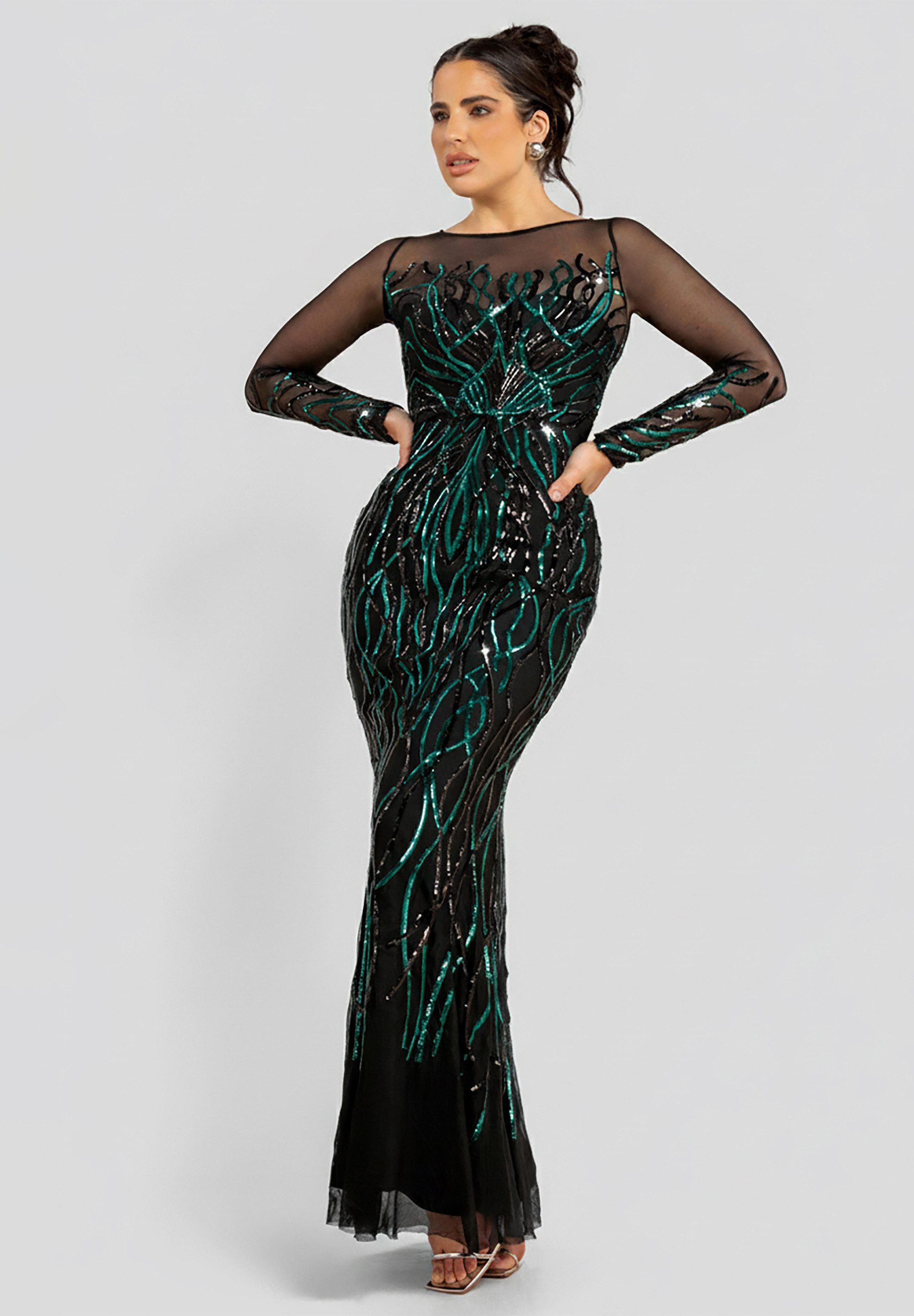 Goddiva Maxikleid Long Sleeve Sequin Flame Maxi Langes Kleid, Samt, Rundhals