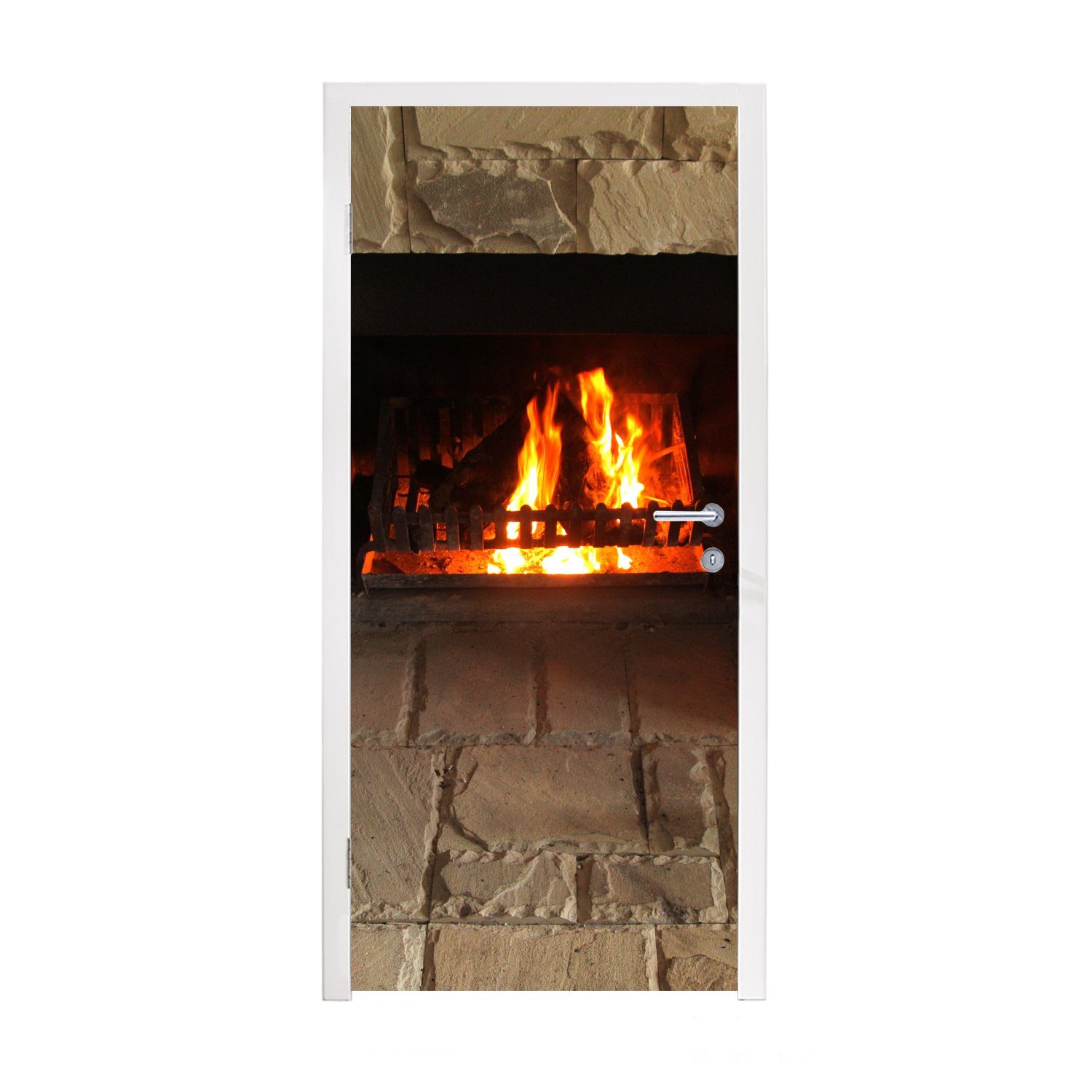 MuchoWow Türtapete Feuerstelle in einer Steinmauer, Matt, bedruckt, (1 St), Fototapete für Tür, Türaufkleber, 75x205 cm